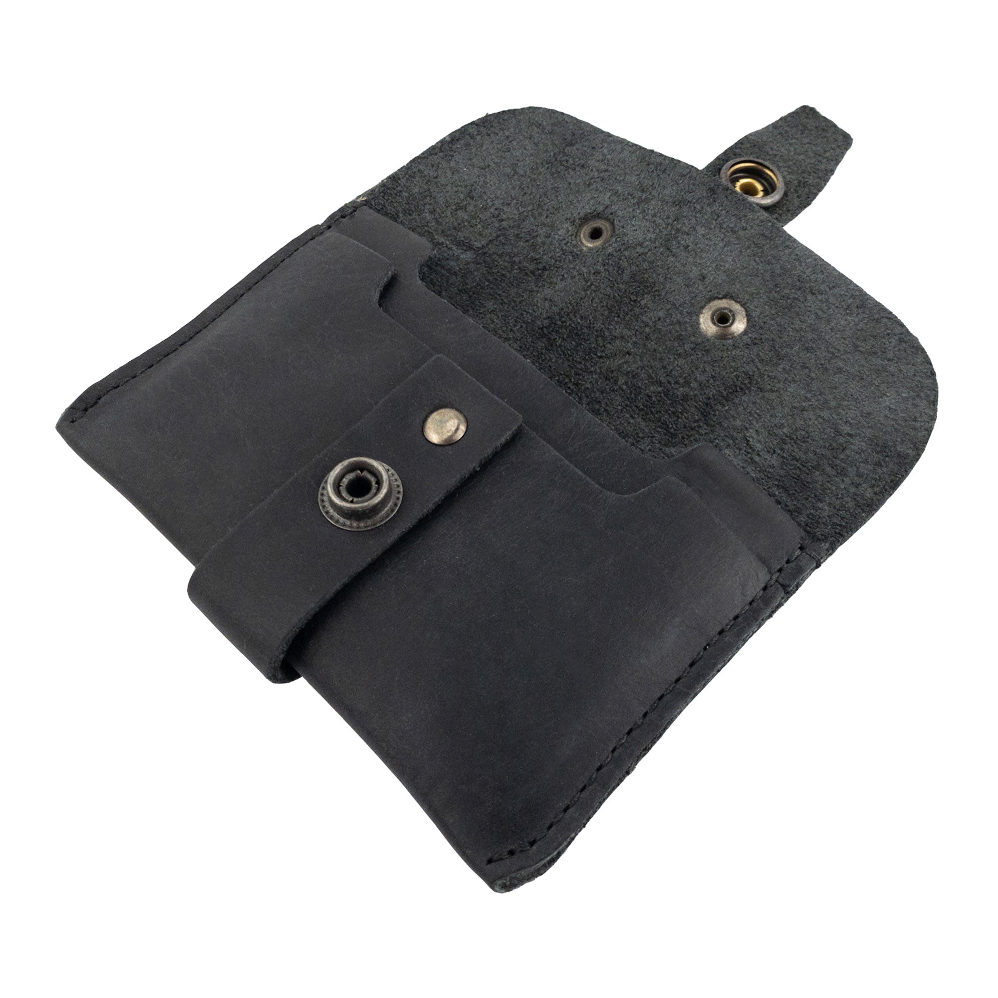 Interior view of Hide & Drink's black Credit Card Holder, showcasing its practical design with card slots crafted from quality Full Grain Leather. This personalized, artisan handmade wallet is a testament to great craftsmanship from La Antigua Guatemala.