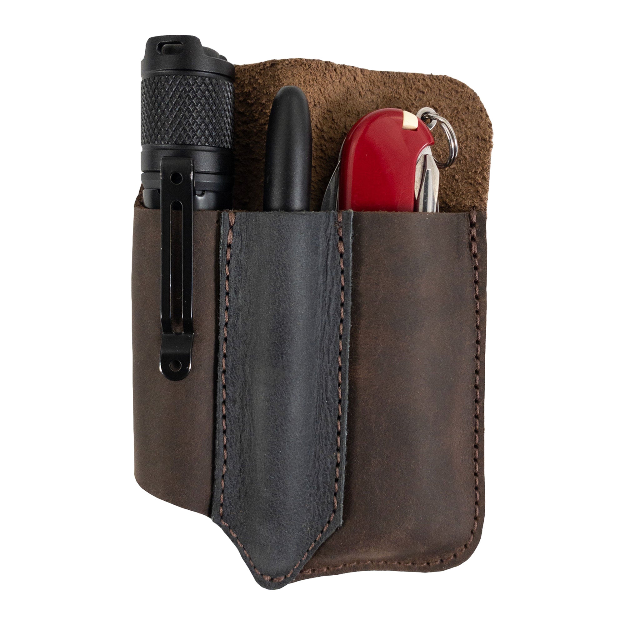 Compact EDC Tool Holster featured alongside essential tools, emphasizing functionality and style. Made by Valhalla Gear from premium full grain leather, this pocket case is a proud example of a rustic sleeve for tools.