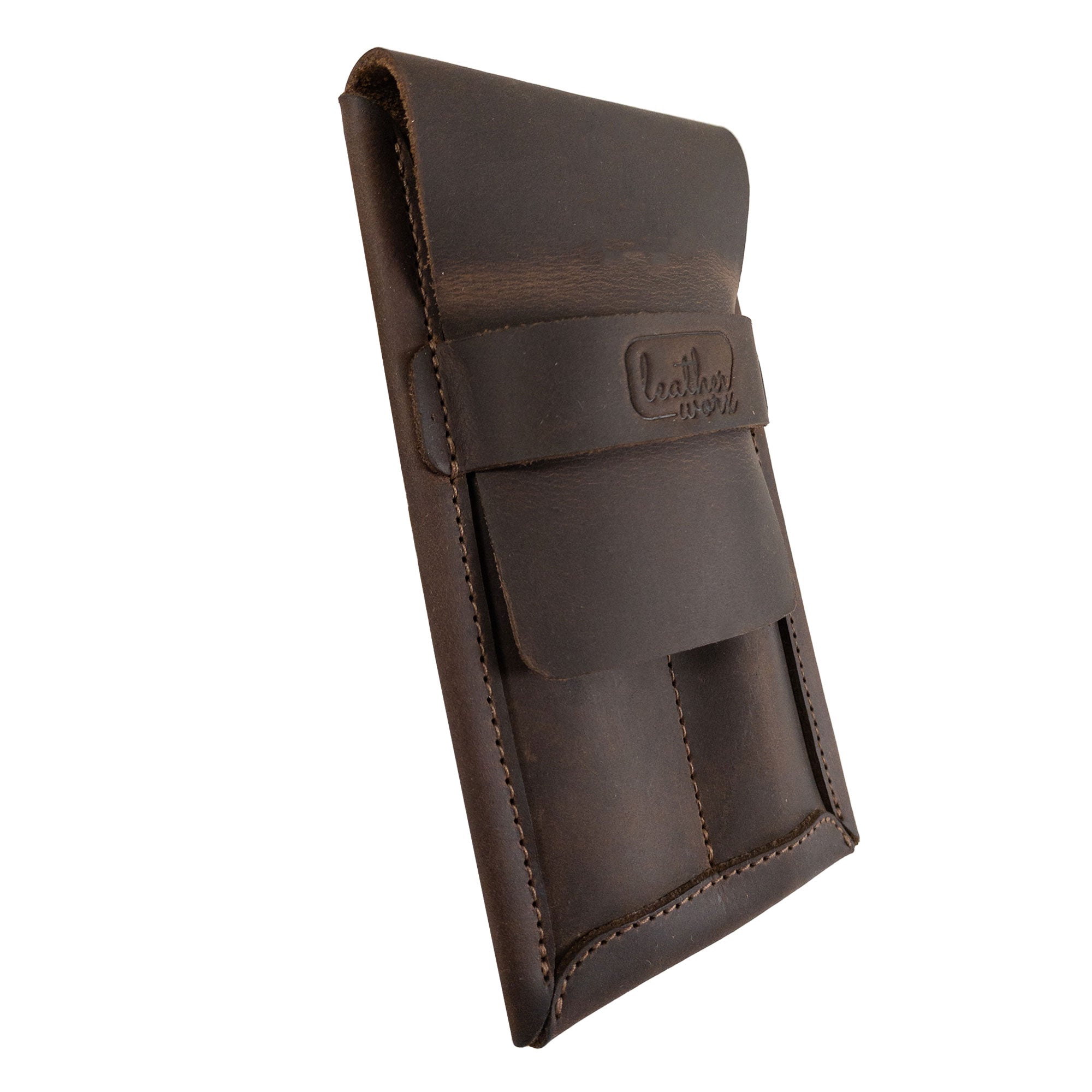 Side angle of the Double Pen Case by Leather Worx, highlighting its elegant contours made from Full Grain Leather. This artisan creation enjoys small batch production with meticulous hand cut and hand sewn techniques, fire branded for authenticity. Handmade in La Antigua Guatemala and Oaxaca Mexico.