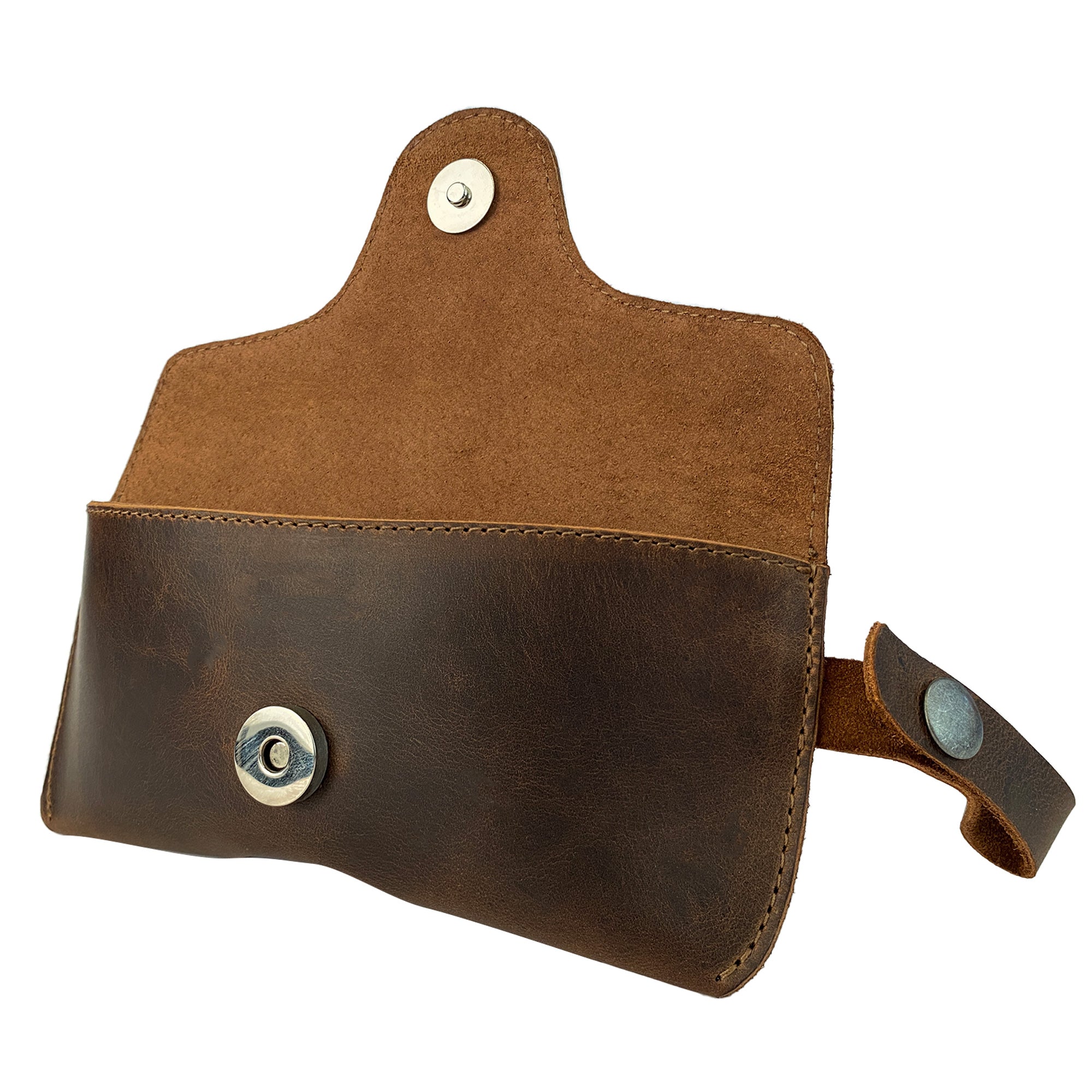 Opened Eyeglasses Case with Strap by Hide & Drink, highlighting interior cutouts made from luxurious full grain leather. This handmade sunglasses case is an exemplary protector for eyewear, perfect for everyday use and crafted in La Antigua Guatemala & Oaxaca Mexico.