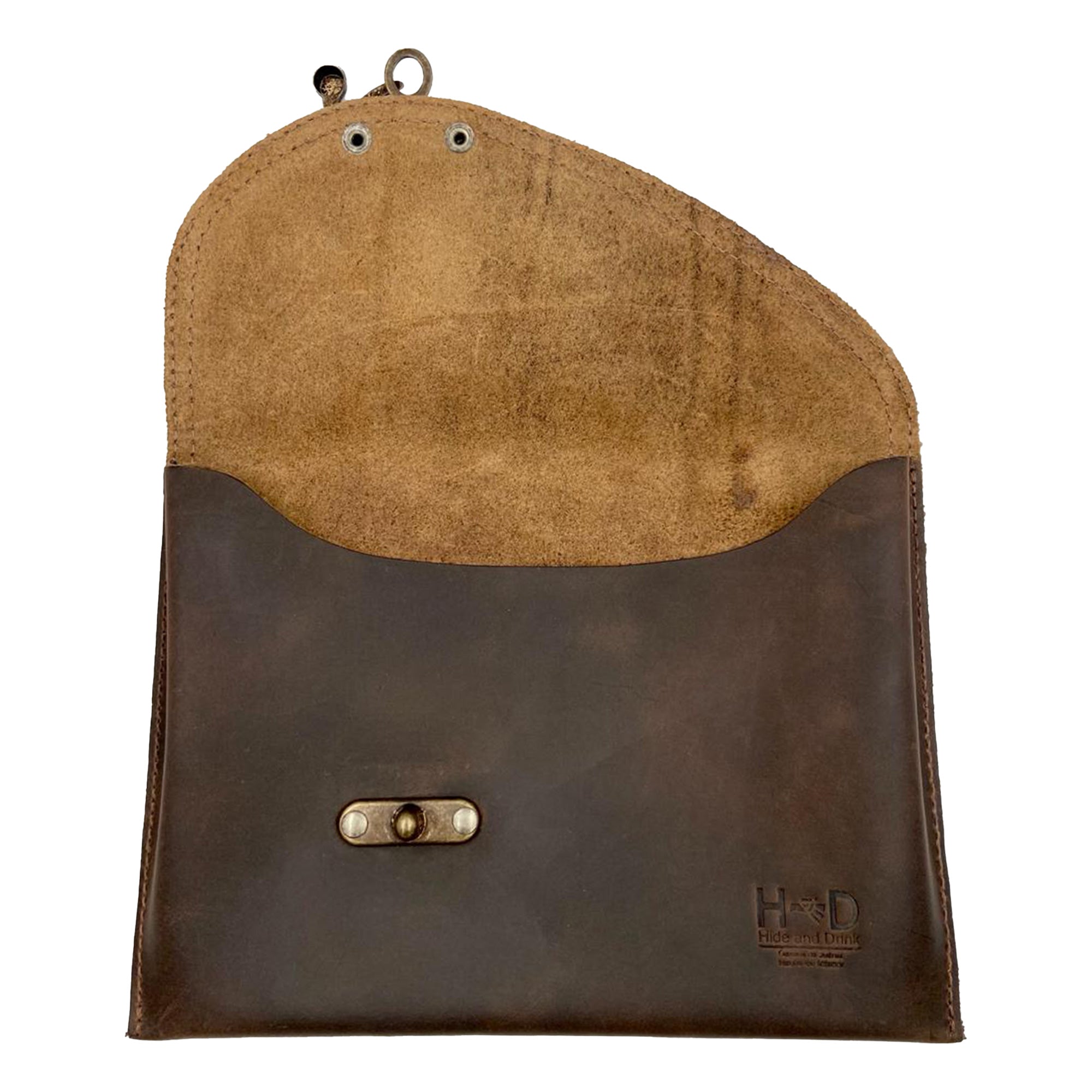 Inside view of a Vintage Clutch Bag by Hide & Drink, demonstrating the soft Full Grain Leather interior. This artisan piece is hand cut and hand sewn, highlighting small batch production in Oaxaca Mexico.