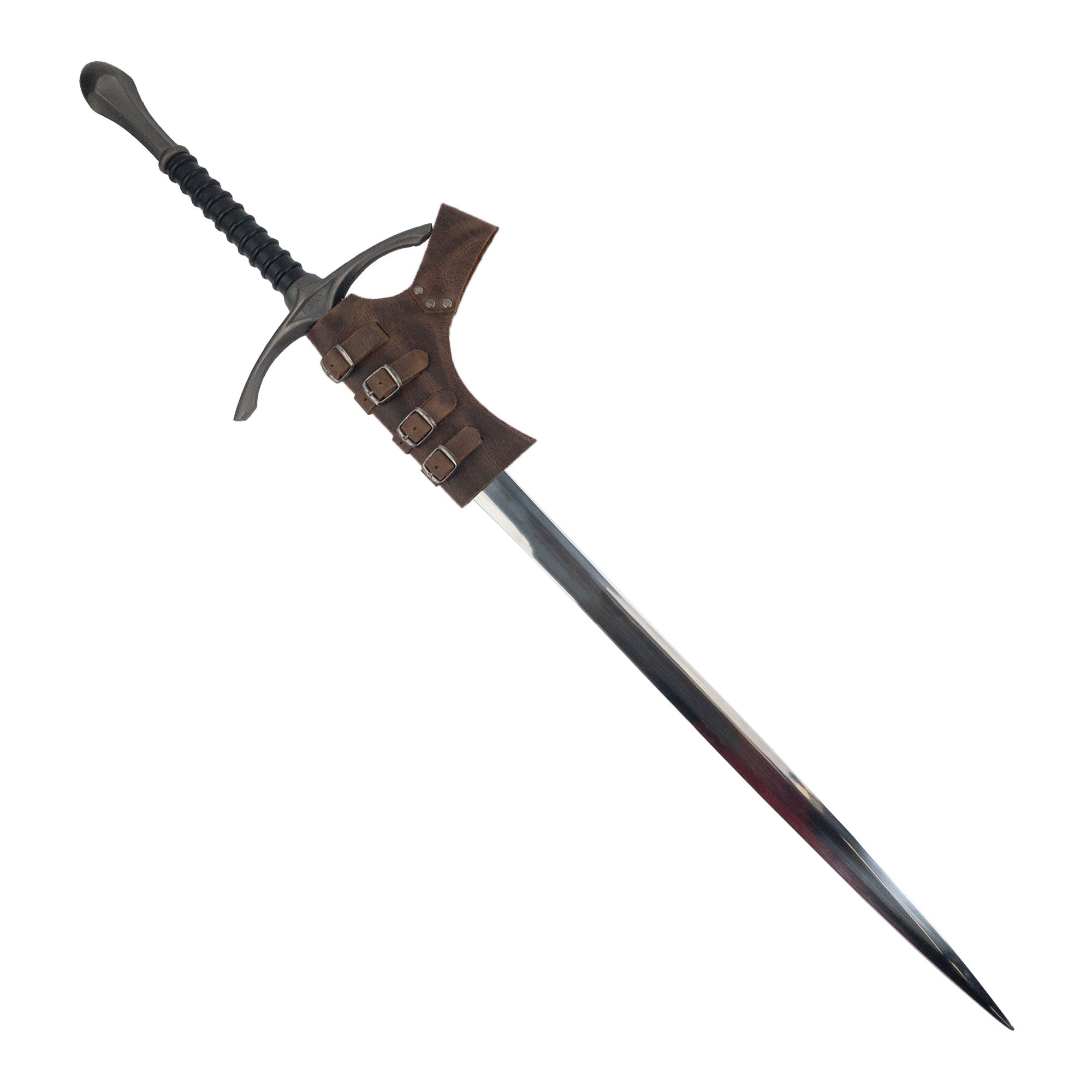 A sleek sword fitted into the Sword Frog Leather Holder by Hide & Play, highlighting its stylish appearance and practical use for cosplay or costume accessories. Made from full grain leather, it's an artisan piece featuring small batch production techniques, hand cut and fire branded in La Antigua Guatemala & Oaxaca Mexico.