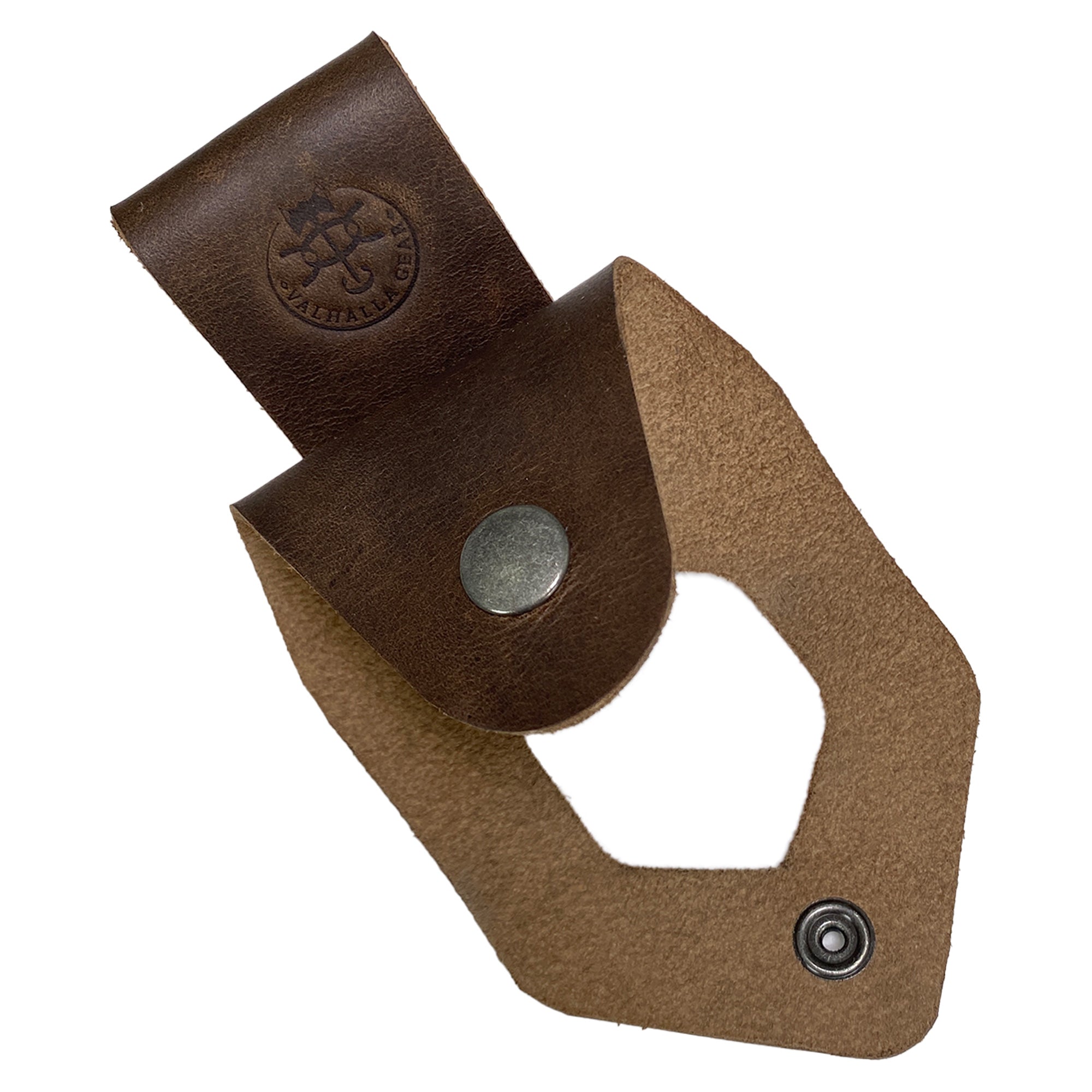 Axe Holster by Valhalla Gear, designed with functionality and style in mind for outdoor enthusiasts. This Axe Holster for Belt - Protector Case serves as an effective small axe blade safety sleeve and camping accessory. Made from durable full grain leather, it stands out among lumberjack outdoor essentials, showcasing small batch production, hand cut, and hand sewn artistry. Fire branded for a unique touch, this artisan item is handmade in La Antigua Guatemala & Oaxaca Mexico.