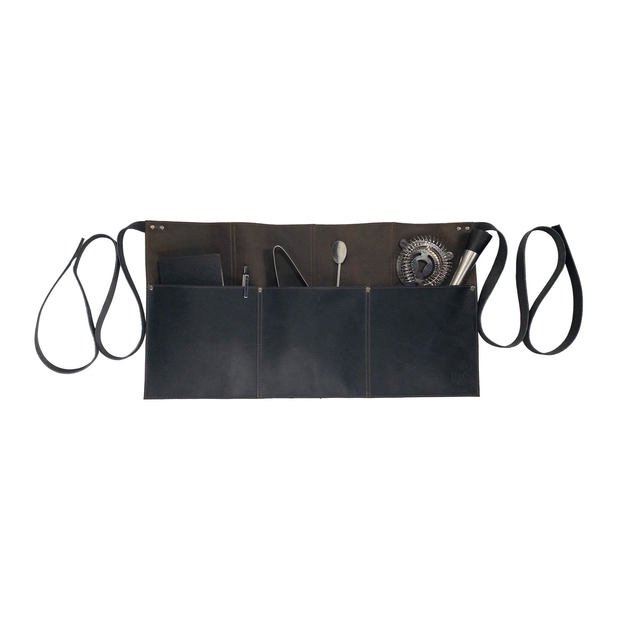 Hide & Drink Barista Leather Waist Apron with tools, emphasizing its riveted pockets and quality full grain leather. Perfect as waitress and waiter accessories, handcrafted in small batch production in La Antigua Guatemala & Oaxaca Mexico.