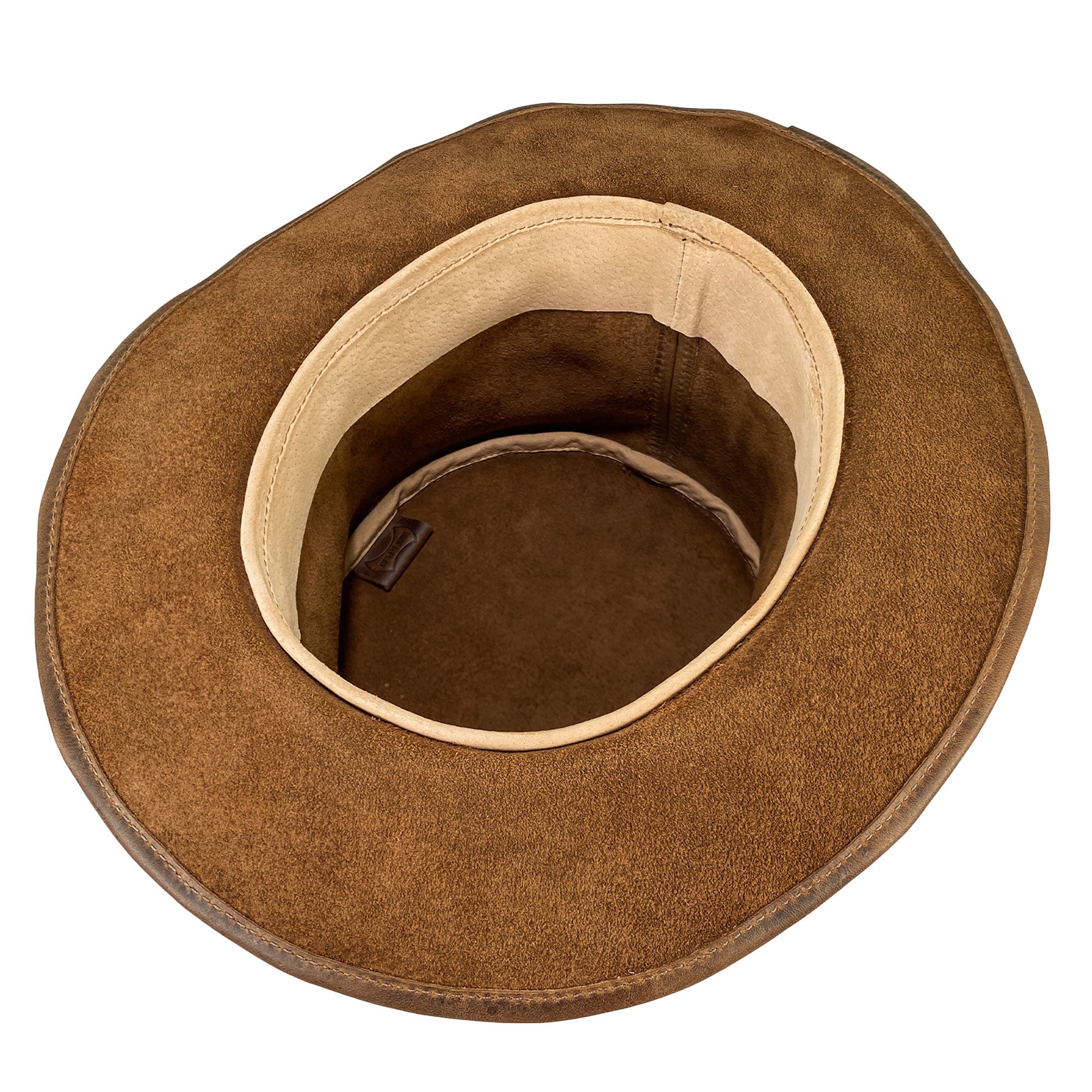 The inner view of a Hide & Play Top Hat, displaying the smooth finish and luxurious interior. This Top Hat is perfect for adding style to any cosplay, Halloween, performance, film, or show. The Mad Hatter Top Hat is crafted from full grain leather, made through small batch production, hand cut, hand sewn, and fire branded by artisans in La Antigua Guatemala and Oaxaca Mexico.