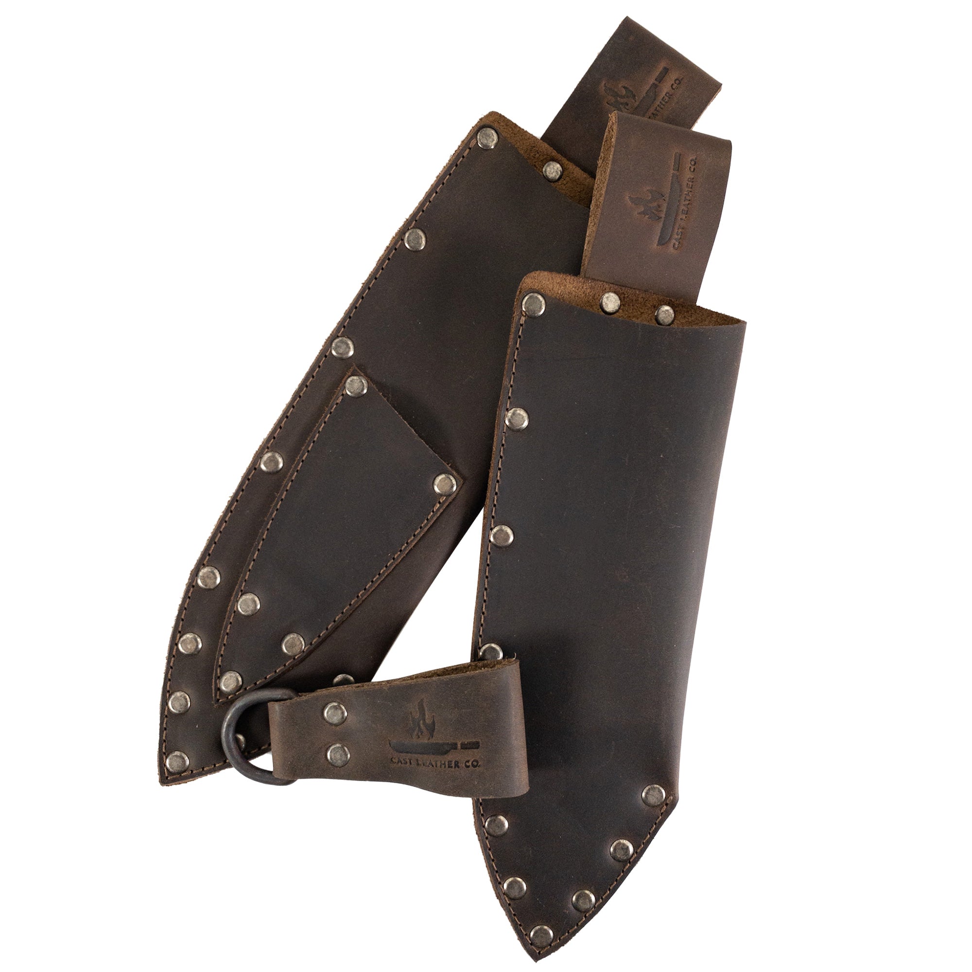 Elegant Knife Set Holder (3 Pieces) from Cast Leather Co., constructed from Full Grain Leather. This uniquely designed artisan piece showcases the art of small batch production, featuring hand cut and hand sewn details for quality and longevity.