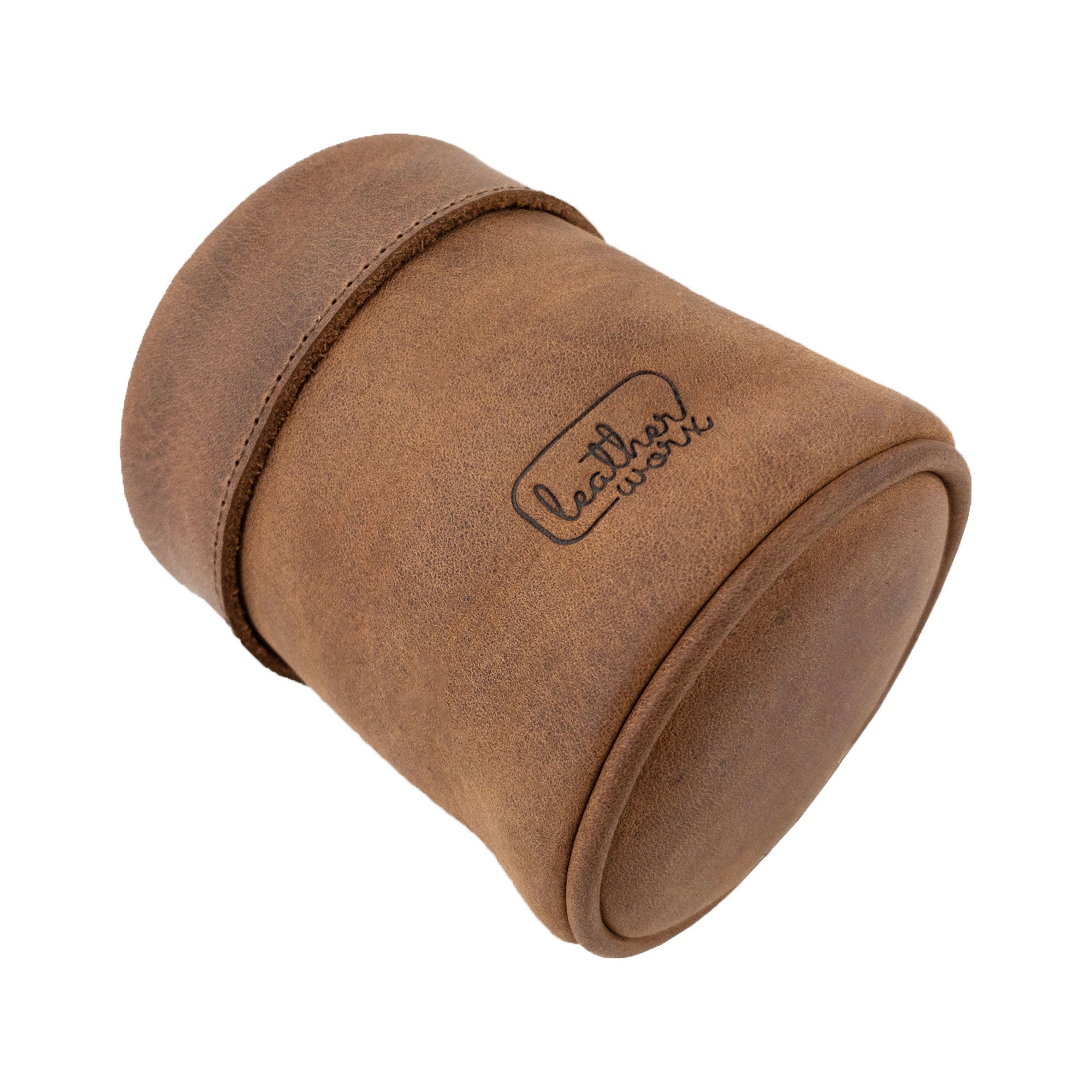 Leather Worx Pen Organizer displayed on its side, emphasizing its unique design and premium leather. This Pen Organizer Cylinder Pencil Holder is perfect for organizing work accessories, showcasing an artisan quality from small batch production in La Antigua Guatemala & Oaxaca Mexico.