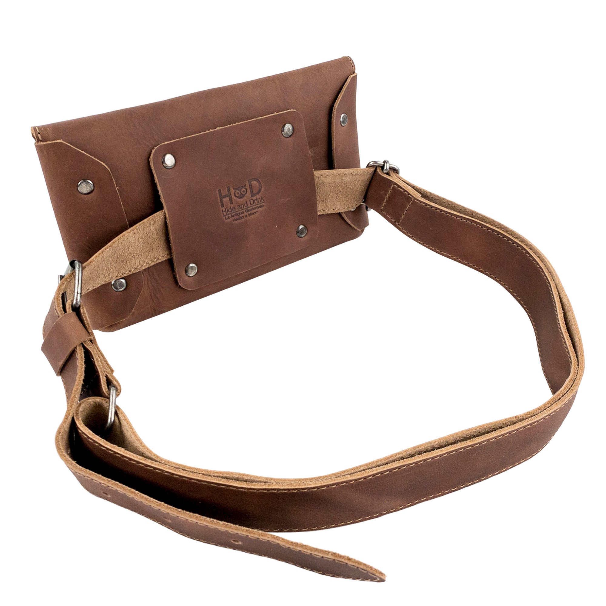 Back view of Hide & Drink's Fancy Fanny Pack, showcasing its durable and functional design. This full grain leather waist pouch serves as a medieval bag and phone holder, handcrafted in small batches in La Antigua Guatemala.