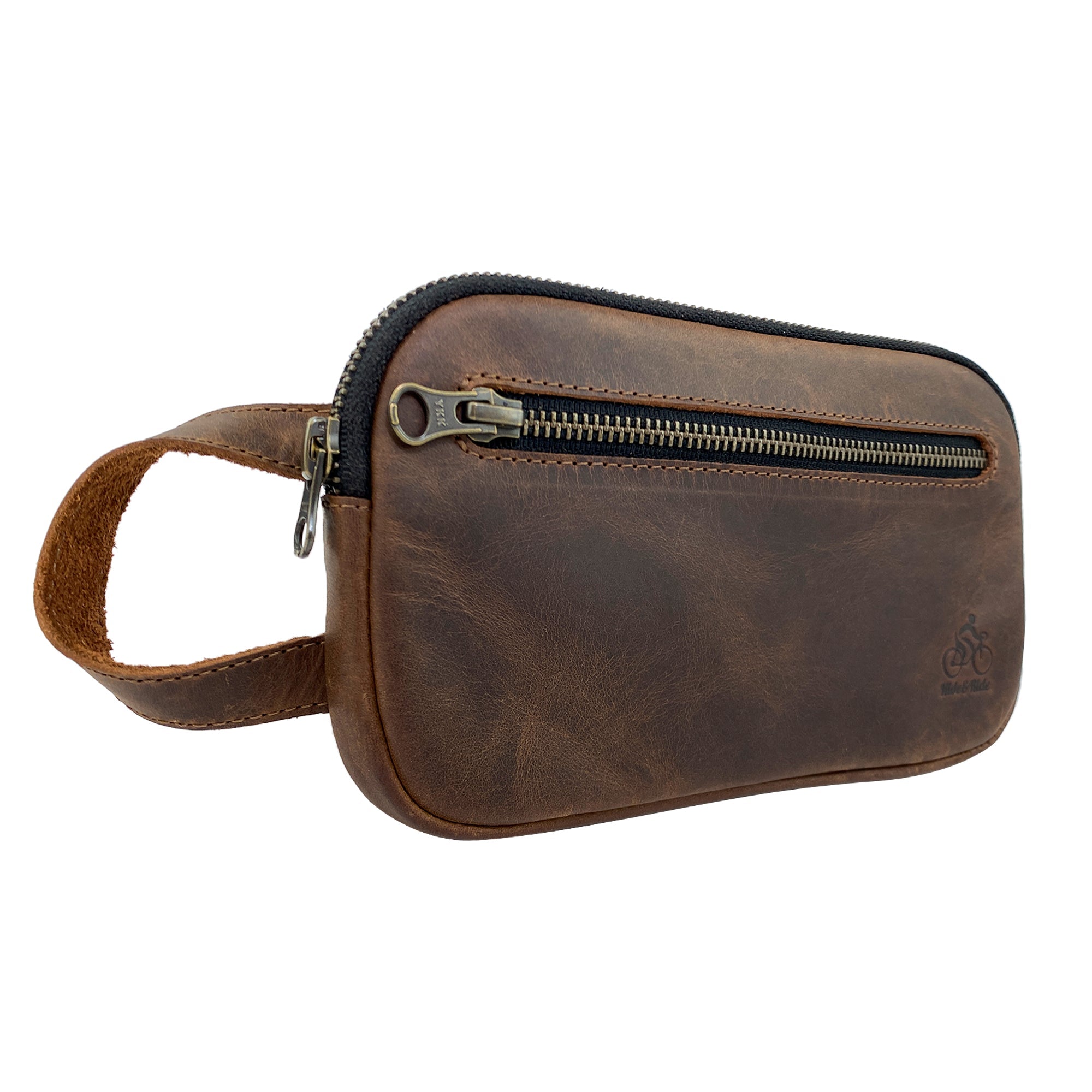 Side view of Hide & Ride Cycling Phone Bag, emphasizing its sleek design and functionality. A perfect utility bag for small tools, cell phone wallet, and personal items, crafted from full grain leather and handmade in La Antigua Guatemala.