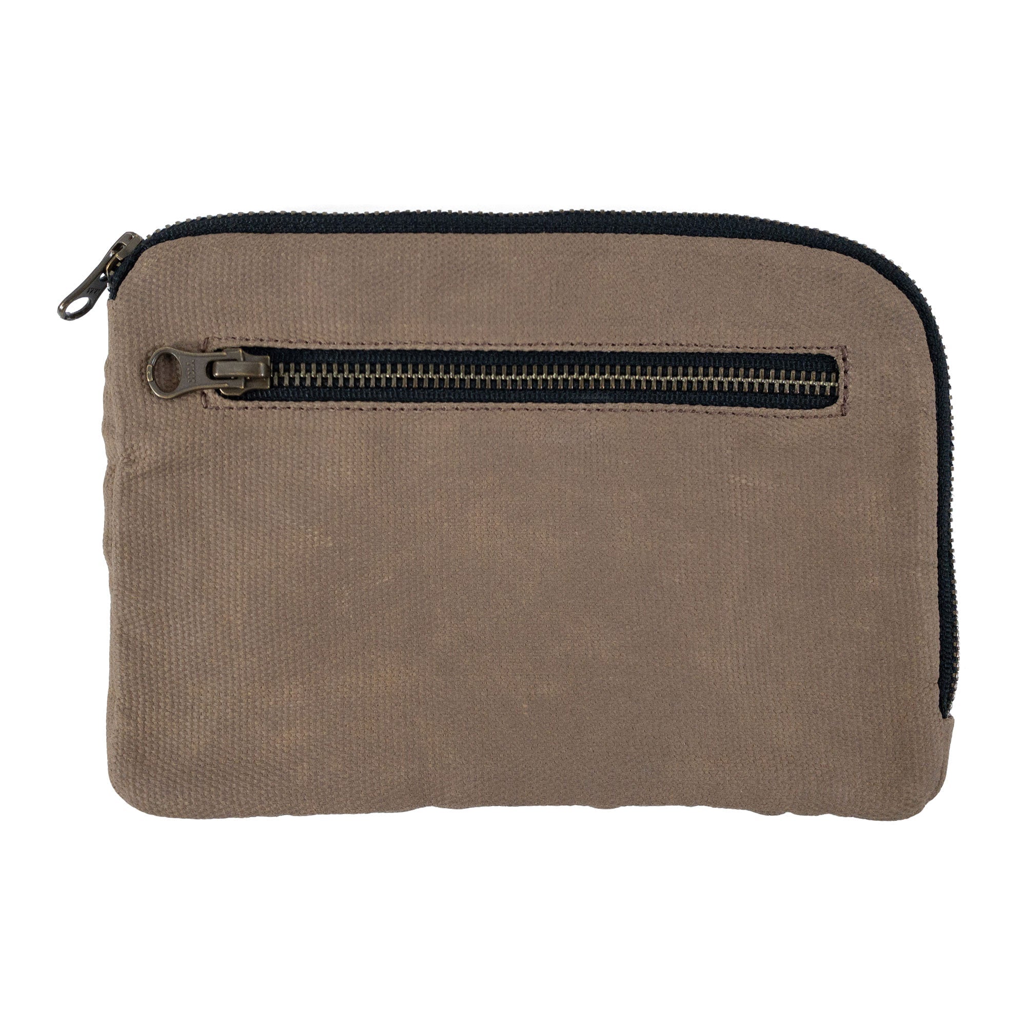Hide & Drink's brown Zipper Gear Pouch featuring a clean exterior, ideal for use as a travel accessory and made from durable water resistant waxed canvas.