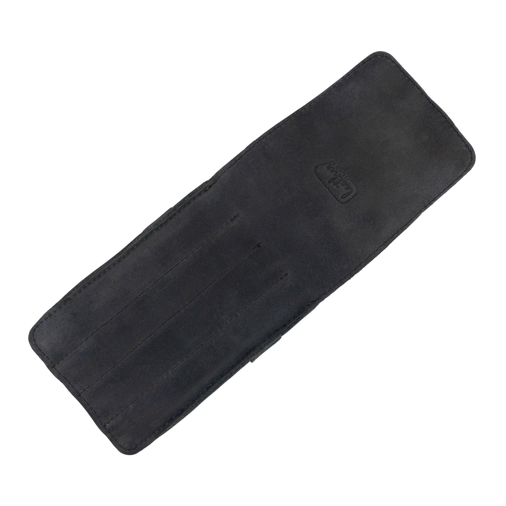 Open view of the Leather Worx 4-Pen Holder in black leather, providing a glimpse of its thoughtfully organized compartments for writing instruments. This artisan pencil case exemplifies handmade quality, featuring fire branding and classic storage design, crafted in La Antigua Guatemala.