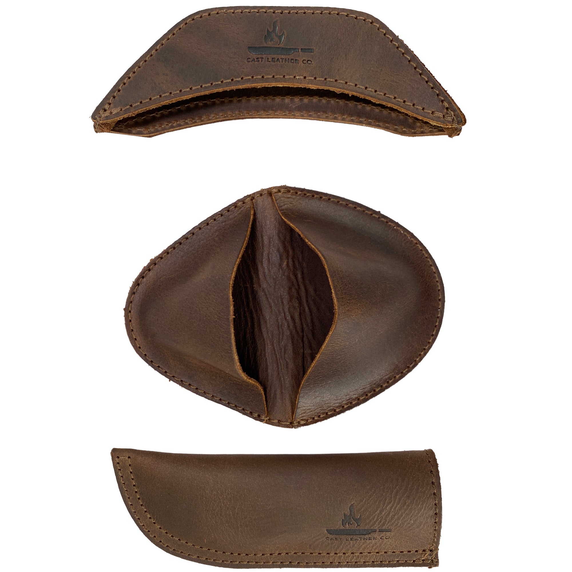 The Hot Handle Holders Set of 3 by Cast Leather Co. is featured in this image, showing the three unique pieces crafted from durable full grain leather. These rustic hot handle holders enhance your cooking experience as a panhandle, side kick, and grip mitt, offering an assist grip for your cast iron skillets and pans. Each piece is expertly handmade in La Antigua Guatemala & Oaxaca Mexico, ensuring quality and attention to detail.