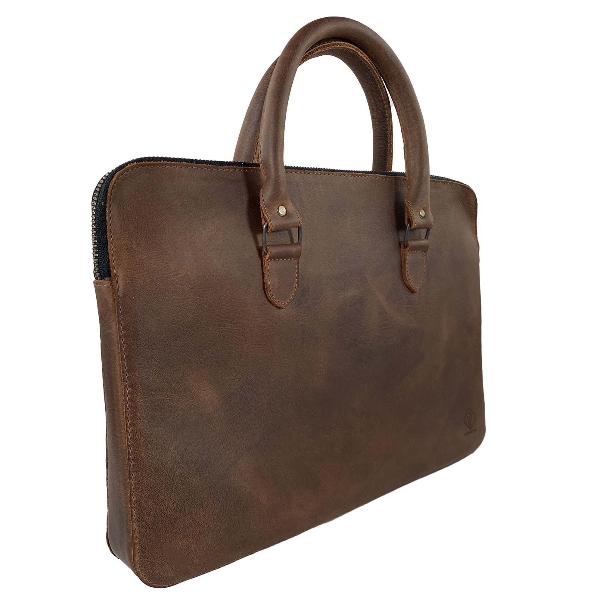 Side profile of the LeatherTex 13" Laptop Portfolio Case featuring its sturdy handles and elegant full grain leather. This handmade case is ideal for MacBook Air/Pro 13 Inch with M1 Chip, emphasizing small batch production and artisan efforts from La Antigua Guatemala and Oaxaca Mexico.