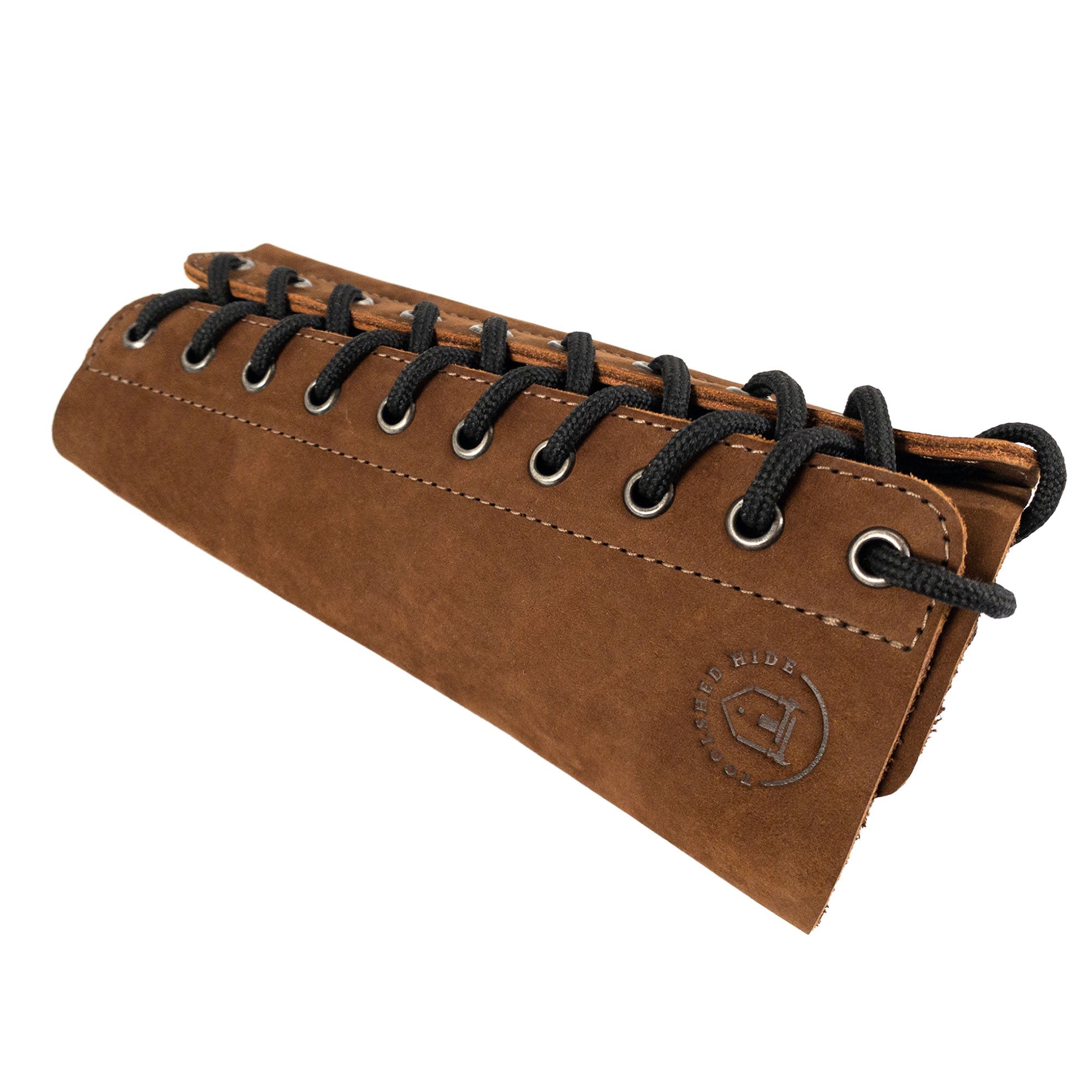 Side angle of Toolshed Hide's Blacksmith Forearm Protector, showing its comfortable fit and rustic style. Made from high-quality full grain leather, this handmade accessory is perfect for blacksmithing, offering heat resistance and protection with artisan craftsmanship.