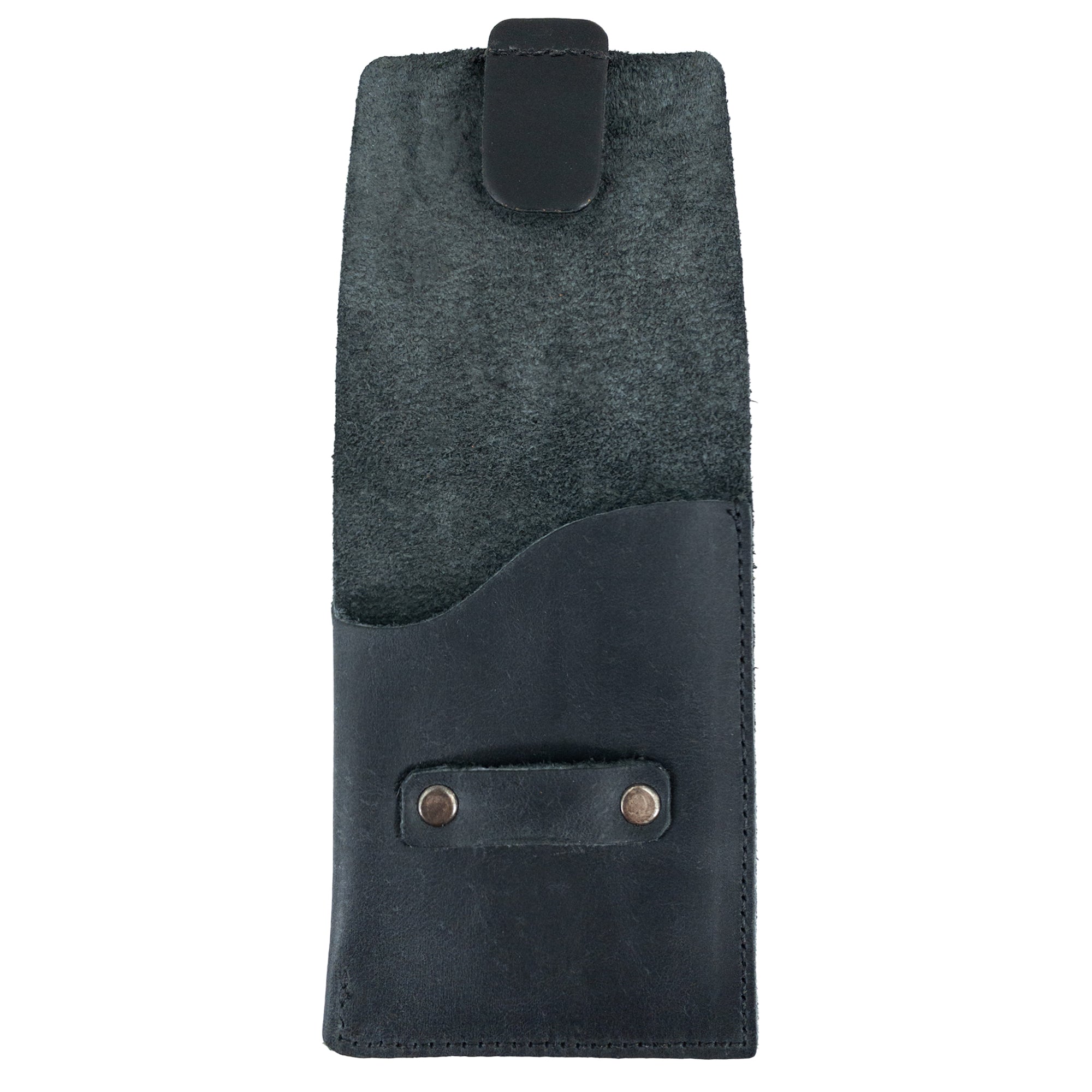 Hide & Drink Slim Card Holder in black leather, an elegant wallet designed to hold up to 4 cards and folded bills. This pocket wallet embodies handmade craftsmanship from artisans in La Antigua Guatemala, featuring fire branded artisan details.