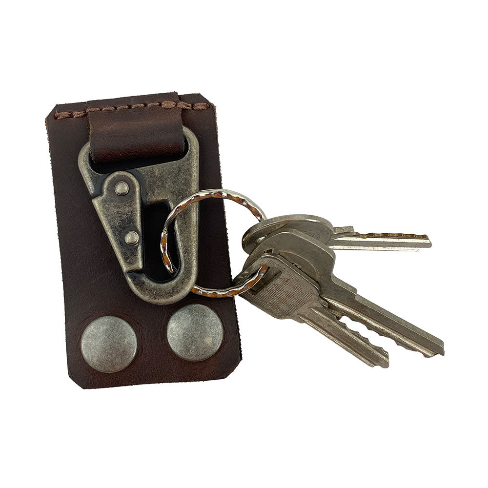 Belt Keychain Holder Hook by Hide & Drink holding keys, showcasing its practicality and design using thick full grain leather, making it a reliable belt clip key chain holder hook. Crafted artisanally in La Antigua Guatemala & Oaxaca Mexico with attention to detail in small batch production.