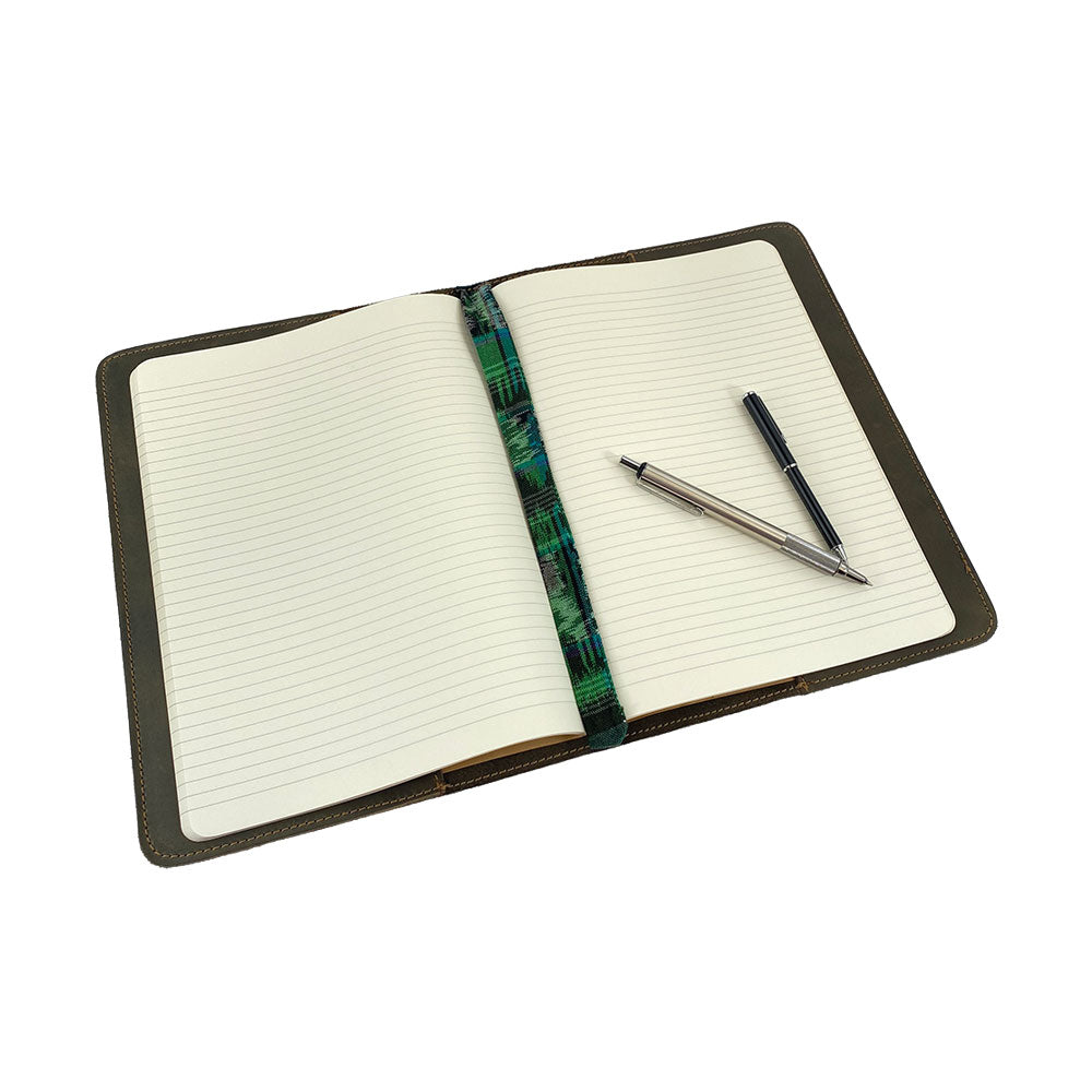 Front view of the olive green Full Grain Leather Journal Cover for Moleskine Cahier XL (7.5 x 9.75 in.) by Hide & Drink. This striking design offers a blend of robustness and style, ideal for writers who appreciate handcrafted journal cases.