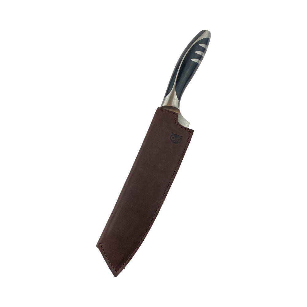 Hide & Drink's Chef Knife Sheath showcasing a 180mm knife, made of durable Thick Full Grain Leather, handcrafted to perfection by artisans in Oaxaca Mexico.