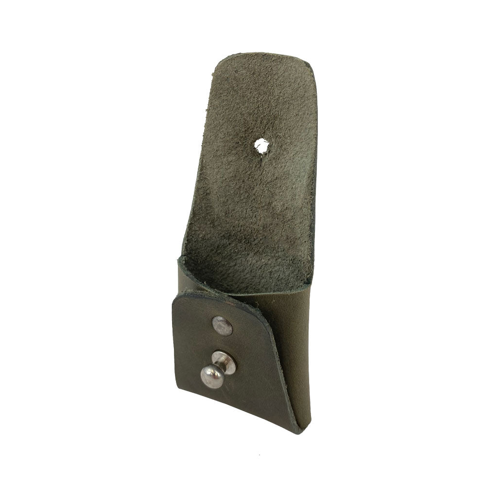 The inside of an olive green Minimalist Square Coin Pouch by Hide & Drink, illustrating its capacity for coins and small items. This artisan-crafted pouch is made with high-quality full grain leather, offering durability and design. Minimalist Coin Pouch, SD Card Holder, Wallet and Cash Organizer, Full Grain Leather, StockyardX, Small Batch Production, Hand Cut, Hand Sewn, Fire Branded, Artisan, Handmade in La Antigua Guatemala & Oaxaca Mexico.