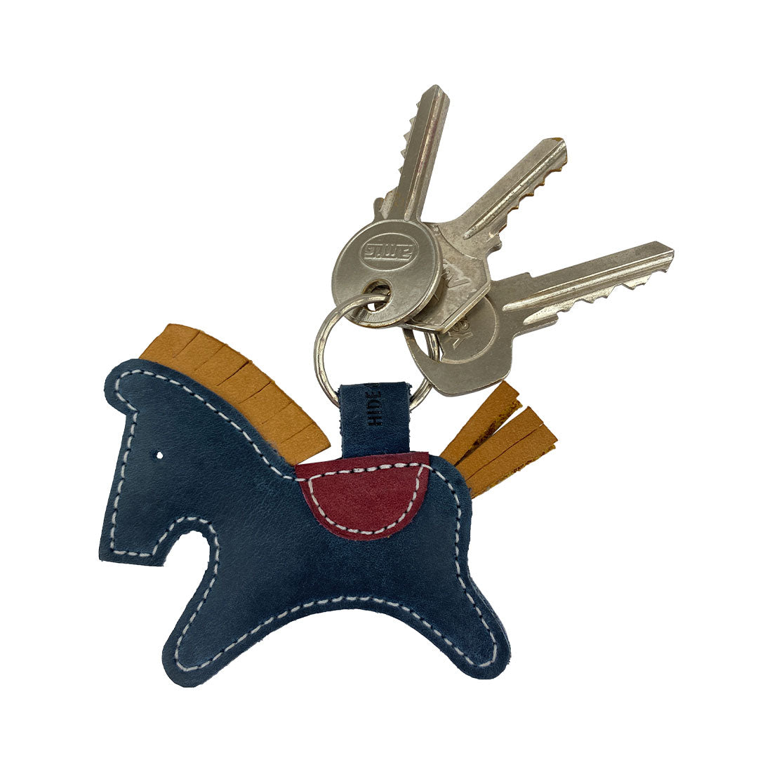 Horse-shaped Critter Key Chain by Hide & Drink, with keys for scale, highlighting its playful design. This Animal Key Ring Holder is made from Full Grain Leather, adding charm and personality to any keychain. Handmade in La Antigua Guatemala & Oaxaca Mexico.
