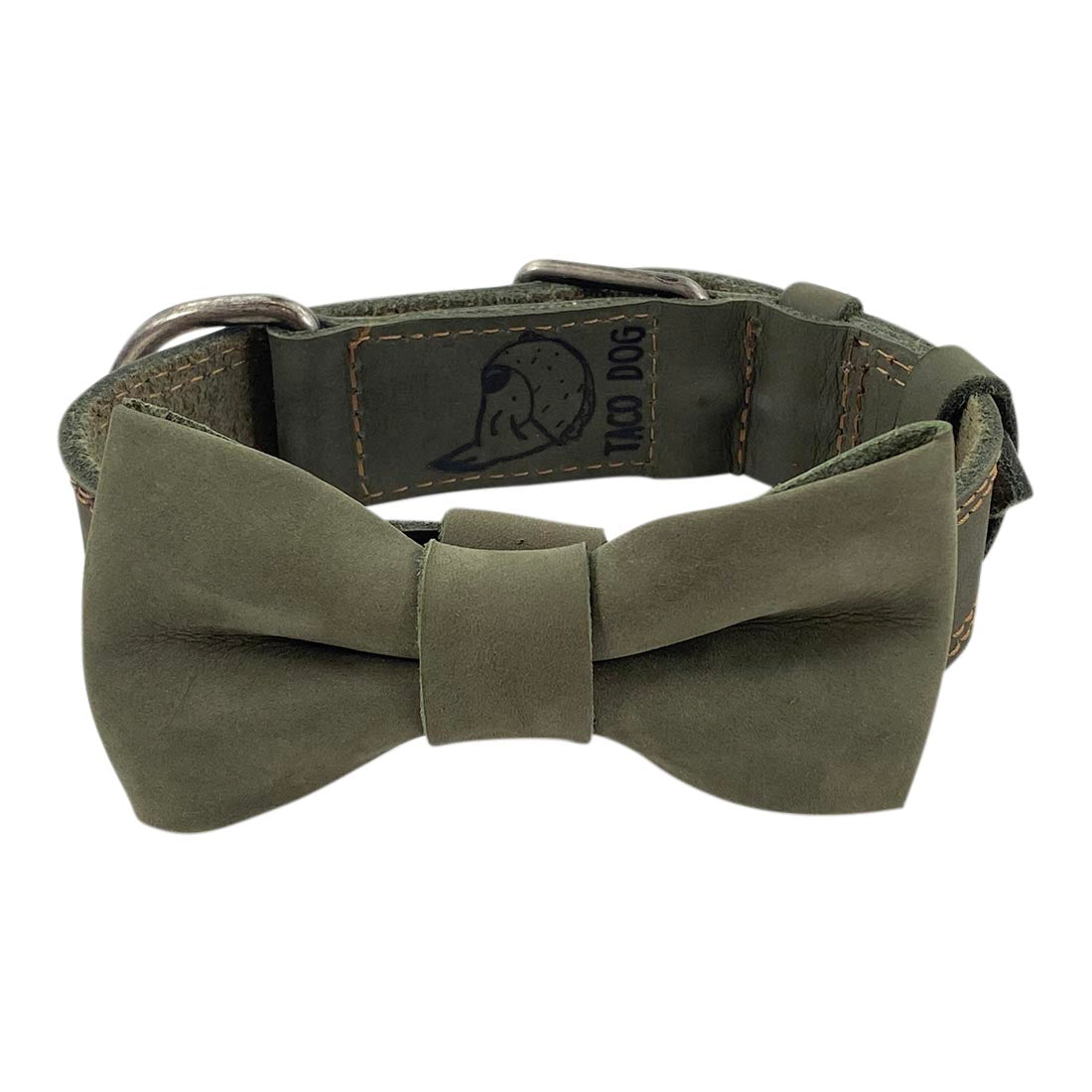 Bow tie attached to a dog collar in green suede by Taco Dog, presenting a chic design. This Bow Tie for Dog Collar brings an added layer of style, fitting collars (1.25 in. wide) with ease. Bow Tie for Dogs - Attaches onto Most Dog Collars (Collar Not Included) - Fancy Cute Stylish Pet Accessory Attachment, Full Grain Leather, StockyardX, Small Batch Production, Hand Cut, Hand Sewn, Fire Branded, Artisan, Handmade in La Antigua Guatemala & Oaxaca Mexico.