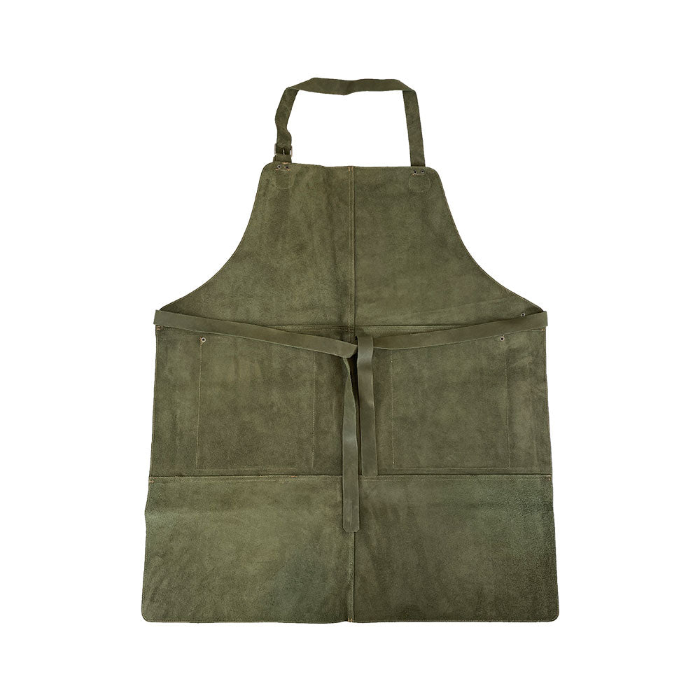 View of the back side of the Hide & Drink Leather Apron in green showing its practical pockets and sleek design, perfect for any craftsman. This Leather Apron is handmade for excellence.