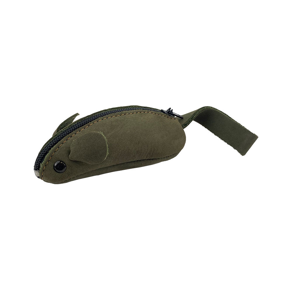 Close-up of the Hide & Drink Mouse Coin Pouch, focusing on its detailed stitching and texture. This unique Mouse-Shaped Coin Pouch is not only a Change Pouch but also a great Pocket Case for Coins, made from fine Full Grain Leather.