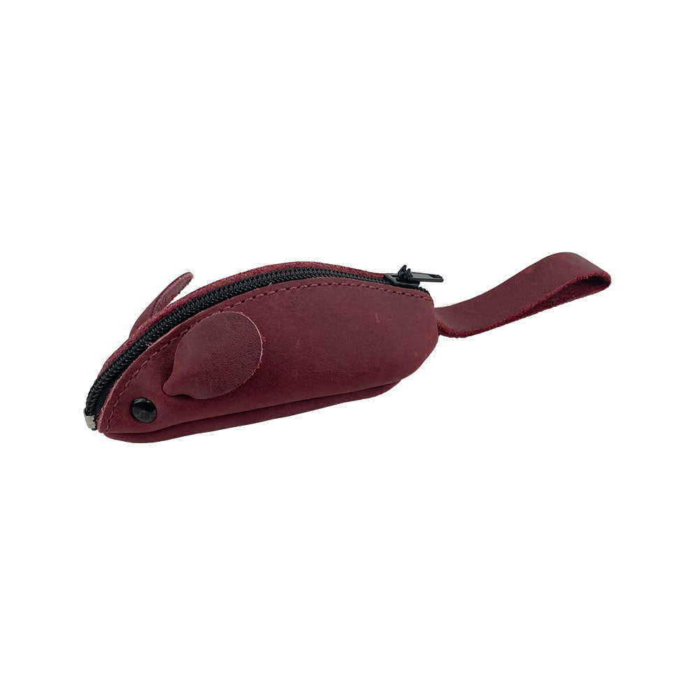 Side view of a burgundy Hide & Drink's Mouse Coin Pouch, emphasizing its playful features and robust design. This high-quality Mouse-Shaped Coin Pouch serves as both a change pouch and an adorable travel accessory.