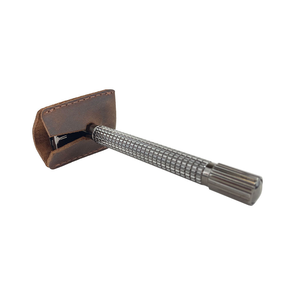 Side view of Hide & Drink Razor Head Cover in full grain leather, designed to securely hold a double edge safety razor. This artisan shaving travel cover combines functionality and elegance, made in small batches in La Antigua Guatemala & Oaxaca Mexico.