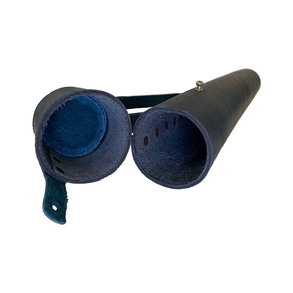 Hide & Drink's Blueprint Tube (A2 Paper Size) shown in black leather with rolled documents. This document storage tube features an adjustable strap, combining artisan craftsmanship with practical storage solutions, showcasing StockyardX's handmade quality from La Antigua Guatemala & Oaxaca Mexico.