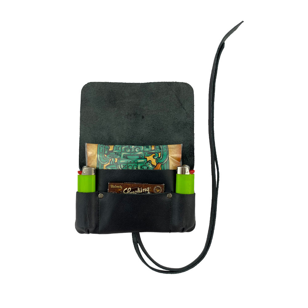 Open view of the Hide & Drink Tobacco Pouch revealing its organized compartments for lighters and tobacco, exemplifying classic case functionality.