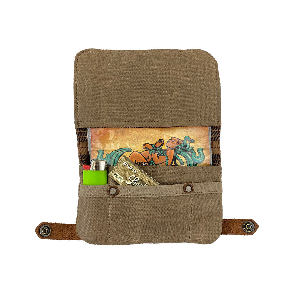 Hide & Drink Tobacco Pouch Waxed Canvas open with compartments to store tobacco and accessories. A versatile pouch and field notes case, it embodies classic storage, artisan quality, and the charm of small batch production.