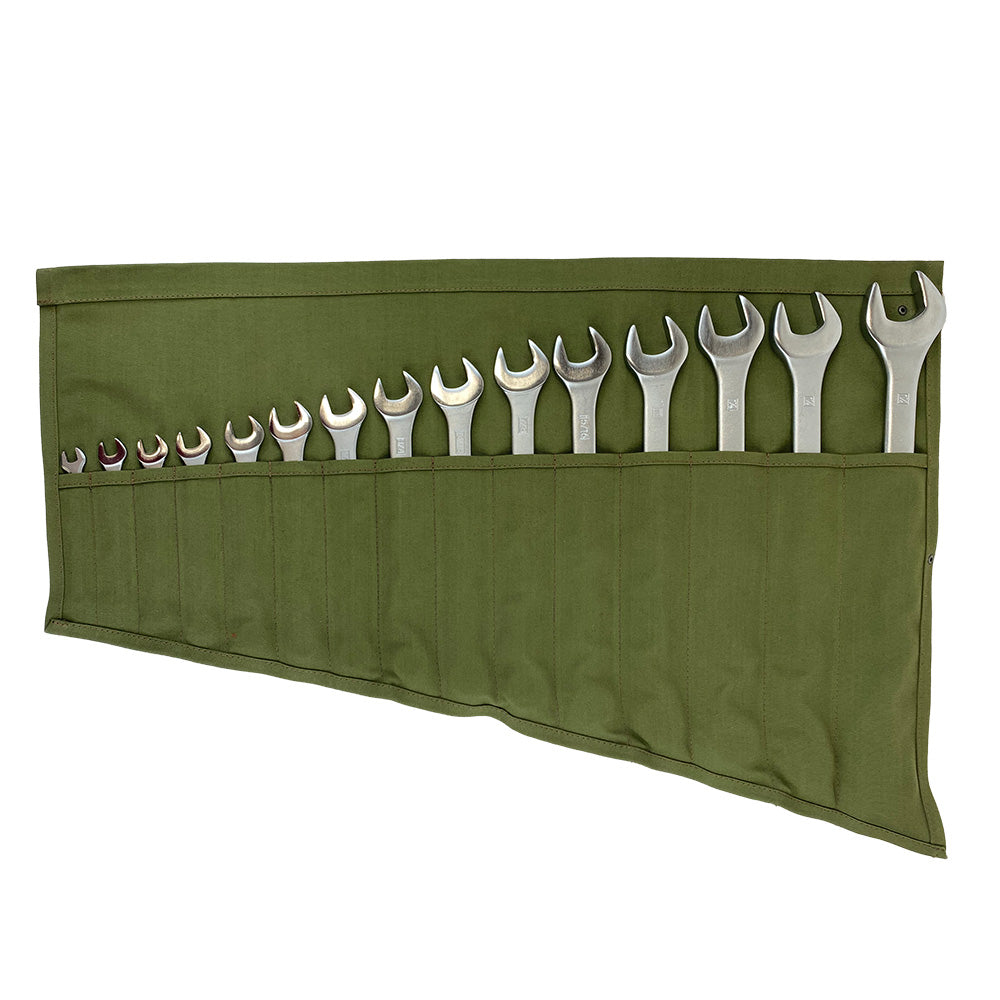 Hide & Drink Wrench Roll (15 Pockets), made with Water Resistant Waxed Canvas, provides functional storage for tools in a stylish portable design, handcrafted in La Antigua Guatemala & Oaxaca Mexico.