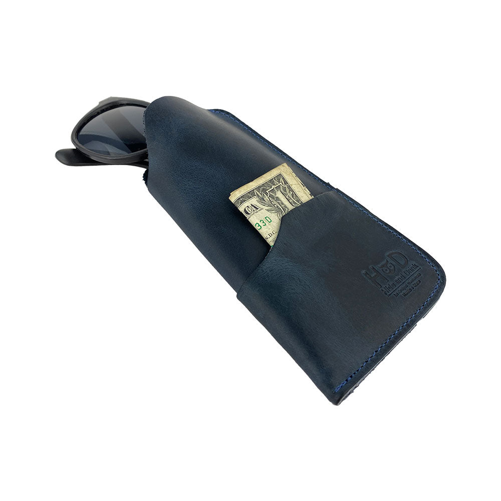 Stylish profile of the Hide & Drink Sunglass Case & Wallet, emphasizing its handcrafted quality. This Rustic Sunglasses Case & Wallet features Full Grain Leather for a luxurious feel while offering great protection for your eyeglasses during travel, artisanal nods from La Antigua Guatemala & Oaxaca Mexico.