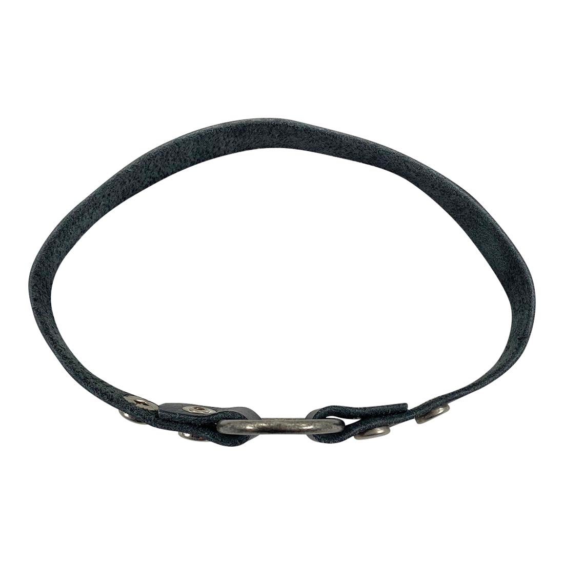 View of the Goth Choker by Hide & Drink from above, emphasizing the adjustable design and aesthetic appeal of the full grain leather and metal accents, perfect for layering with other accessories. Goth Choker - Stylish Necklace, Trendy Accessory, Soft, Durable Collar - Punk Style with Metal Ring and Hardware, Adjustable, Full Grain Leather, StockyardX, Small Batch Production, Hand Cut, Hand Sewn, Fire Branded, Artisan, Handmade in La Antigua Guatemala & Oaxaca Mexico.