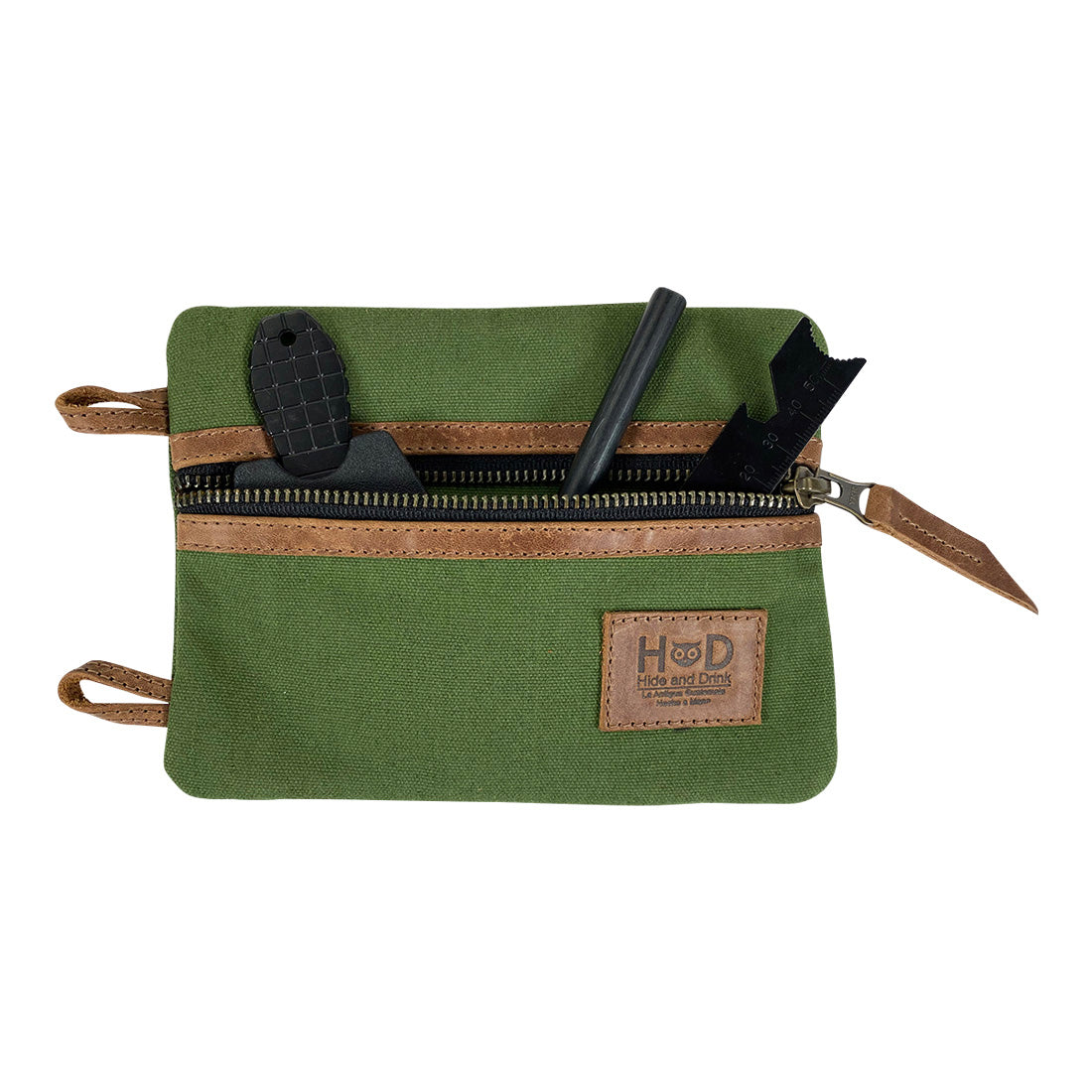 Dimensions of the green Multi-tool Pocket Pouch - XL by Hide & Drink displayed with measurements to ensure understanding of its compactness. Multi-Tool Pocket Pouch XL, Mini Camping Tool Case, Compact Multipurpose EDC Zippered Bag, Handmade Slim Organizer, Waxed Canvas, StockyardX, Small Batch Production, Artisan, Handmade in La Antigua Guatemala & Oaxaca Mexico.