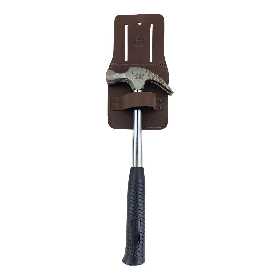 Hammer secured in Hide & Drink's Hammer Holster, demonstrating its practical use. This Hammer Holster for Belt is a premium accessory made from durable full grain leather, showcasing artisan craftsmanship with easy belt attachment for reliable tool holding.