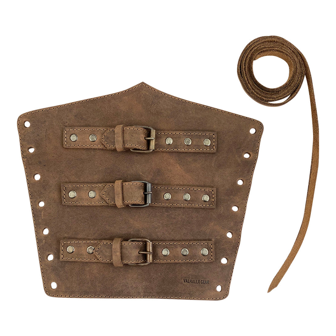 Valhalla Gear Set of 2 Archery Buckle Bracer showing a detailed design with adjustable buckles and straps. This hand protector for bow shooting practice is made from full grain leather and crafted through small batch production methods. Artisan handmade in La Antigua Guatemala & Oaxaca Mexico.
