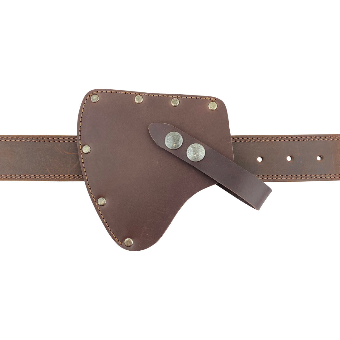 A view of the Valhalla Gear Camper Axe Head Sheath attached to a belt, emphasizing its practicality and safety for outdoor activities. This hatchet blade safety sleeve offers full grain leather durability and is an essential camping accessory for lumberjacks, showcasing artisan quality from La Antigua Guatemala.