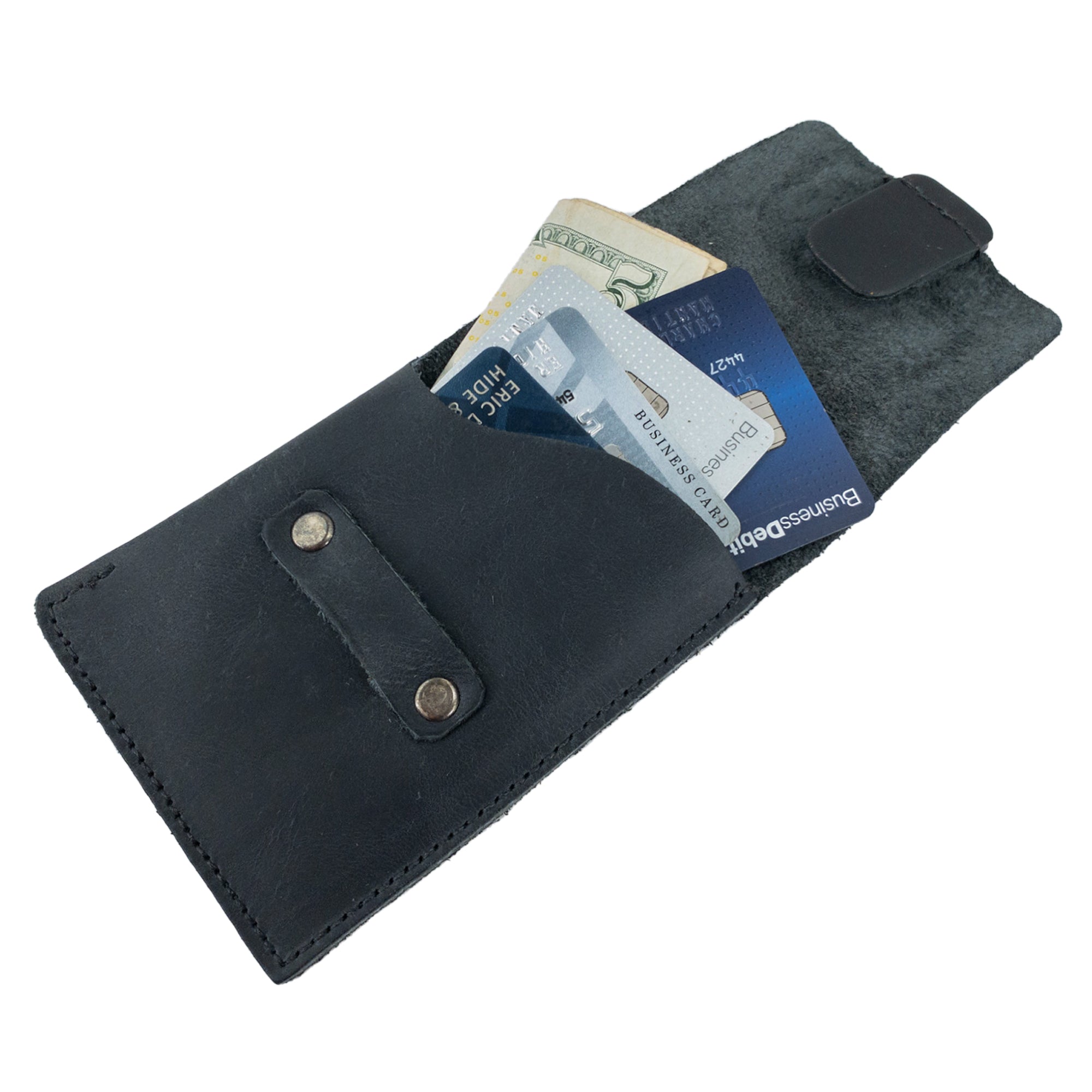 Hide & Drink Slim Card Holder open to show cards and cash, showcasing its functionality as a pocket wallet. Handcrafted from full grain leather, this organizer holds up to 4 cards plus folded bills, highlighting artisan production in La Antigua Guatemala.