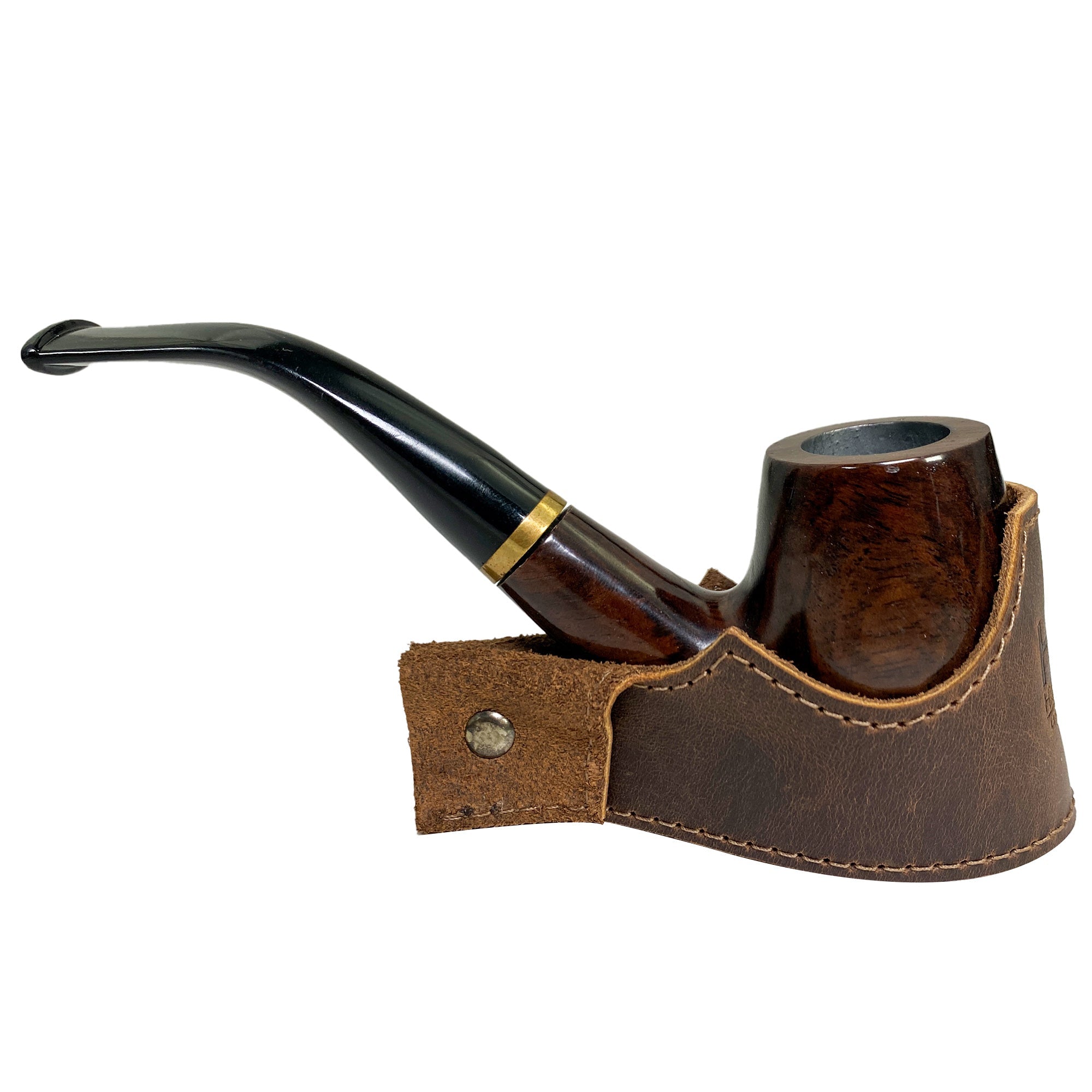 Another angle of the Tobacco Pipe Holder by Hide & Drink featuring a tobacco pipe securely nestled in the leather holder. This Tobacco Pipe Holder (Pipe not Included) provides a portable & adjustable stand designed for convenience. Made from full grain leather, it embodies small batch production and is hand cut and sewn, showcasing the artisan craftsmanship from La Antigua Guatemala & Oaxaca Mexico.