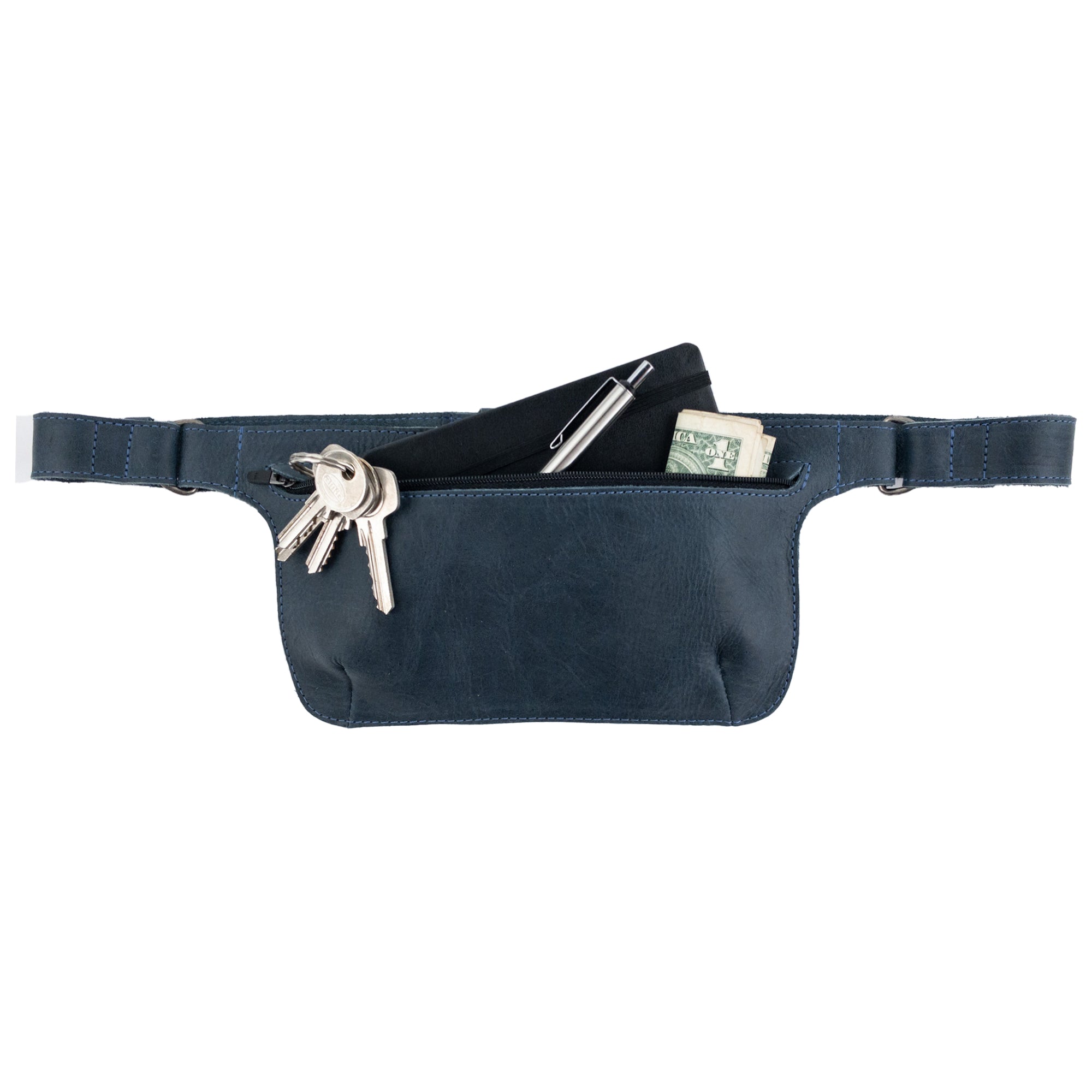 Slim Fanny Pack by Hide & Drink opened to show a smartphone and keys, emphasizing its utility as a rectangular fanny pack. This full grain leather accessory is handmade by artisans in La Antigua Guatemala.