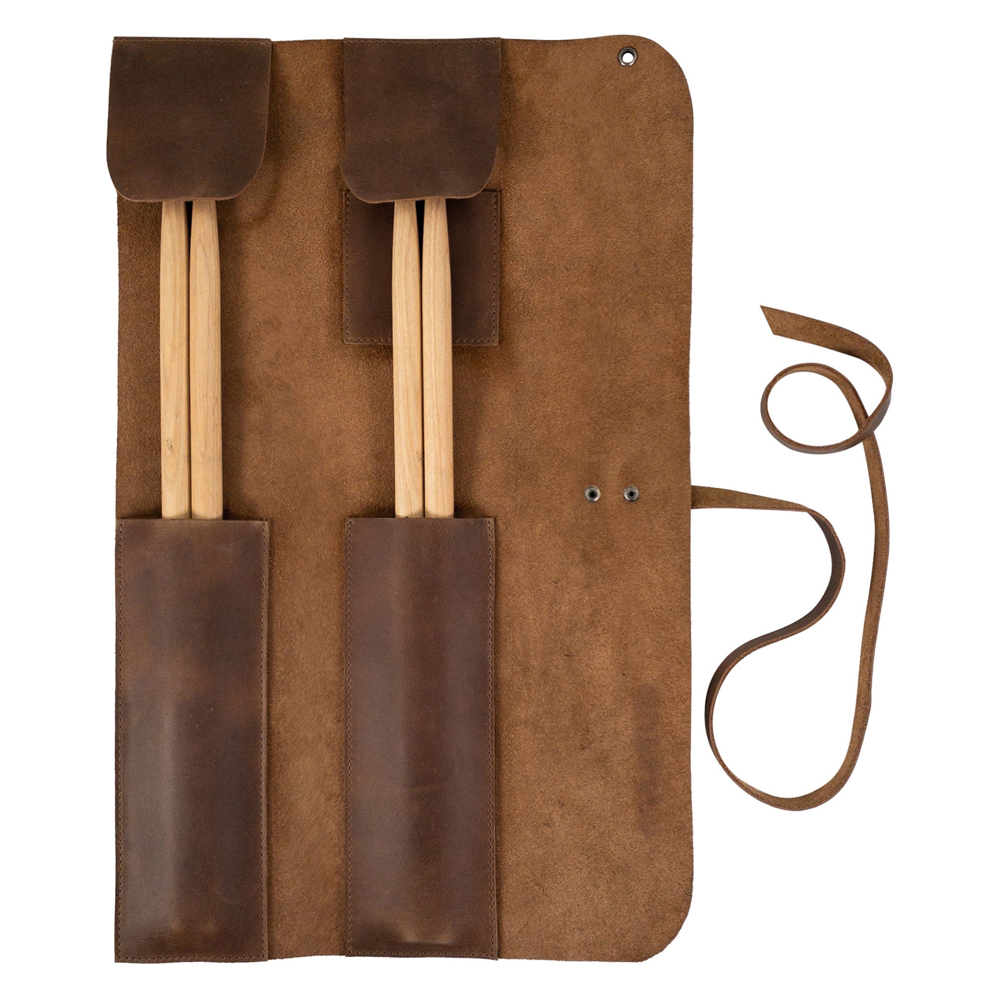 Open view of the Hide & Drink Drumstick Roll with Slot for Drum Key, showcasing slots for drumsticks. Constructed from Full Grain Leather, this artisan product emphasizes hand cut and hand sewn quality, reflecting small batch production values, created in La Antigua Guatemala & Oaxaca Mexico.