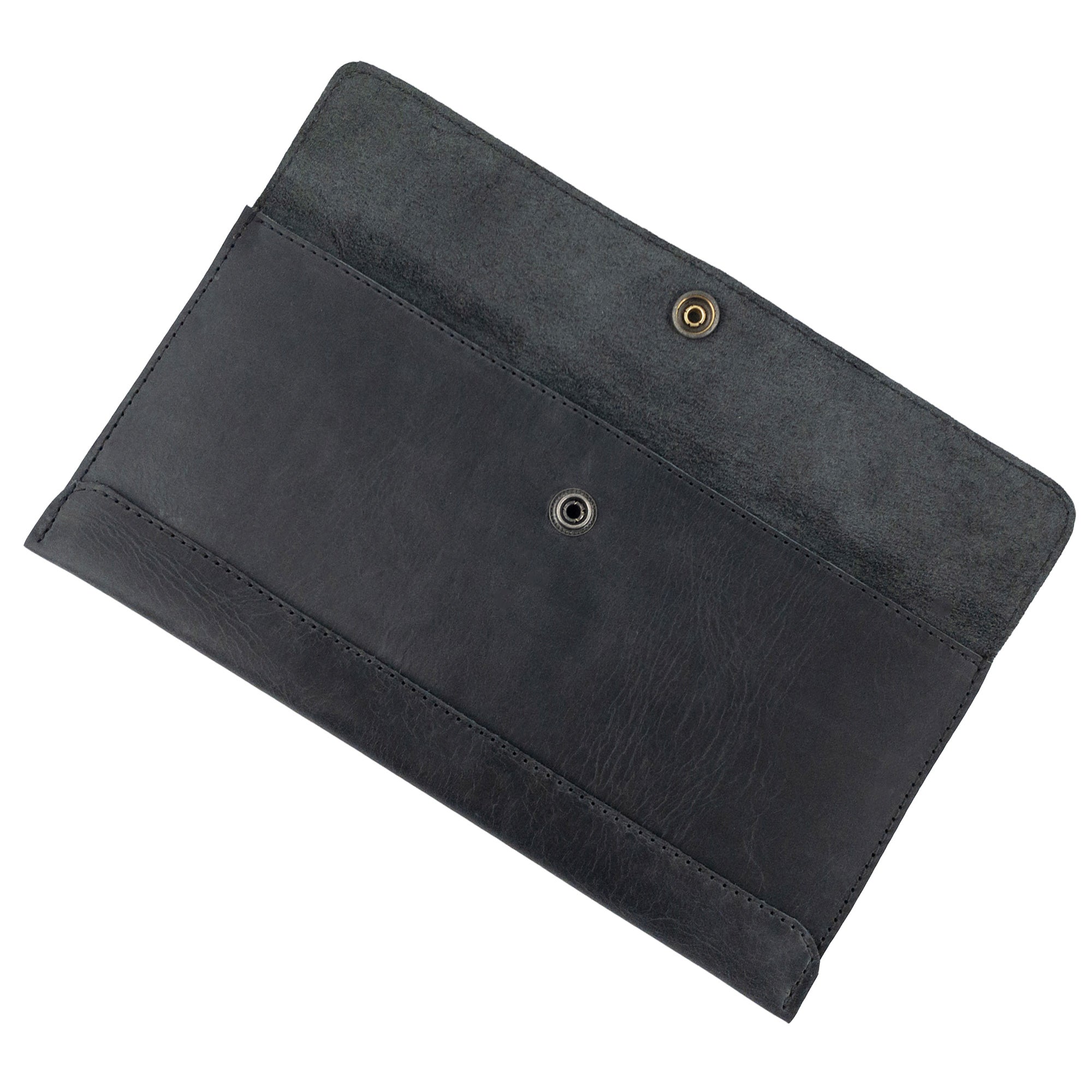 Inside view of Hide & Drink's black Travel Hand Wallet, revealing its organized structure and quality craftsmanship in Full Grain Leather. A perfect Travel Wallet for personal essentials, handmade in La Antigua Guatemala & Oaxaca Mexico.