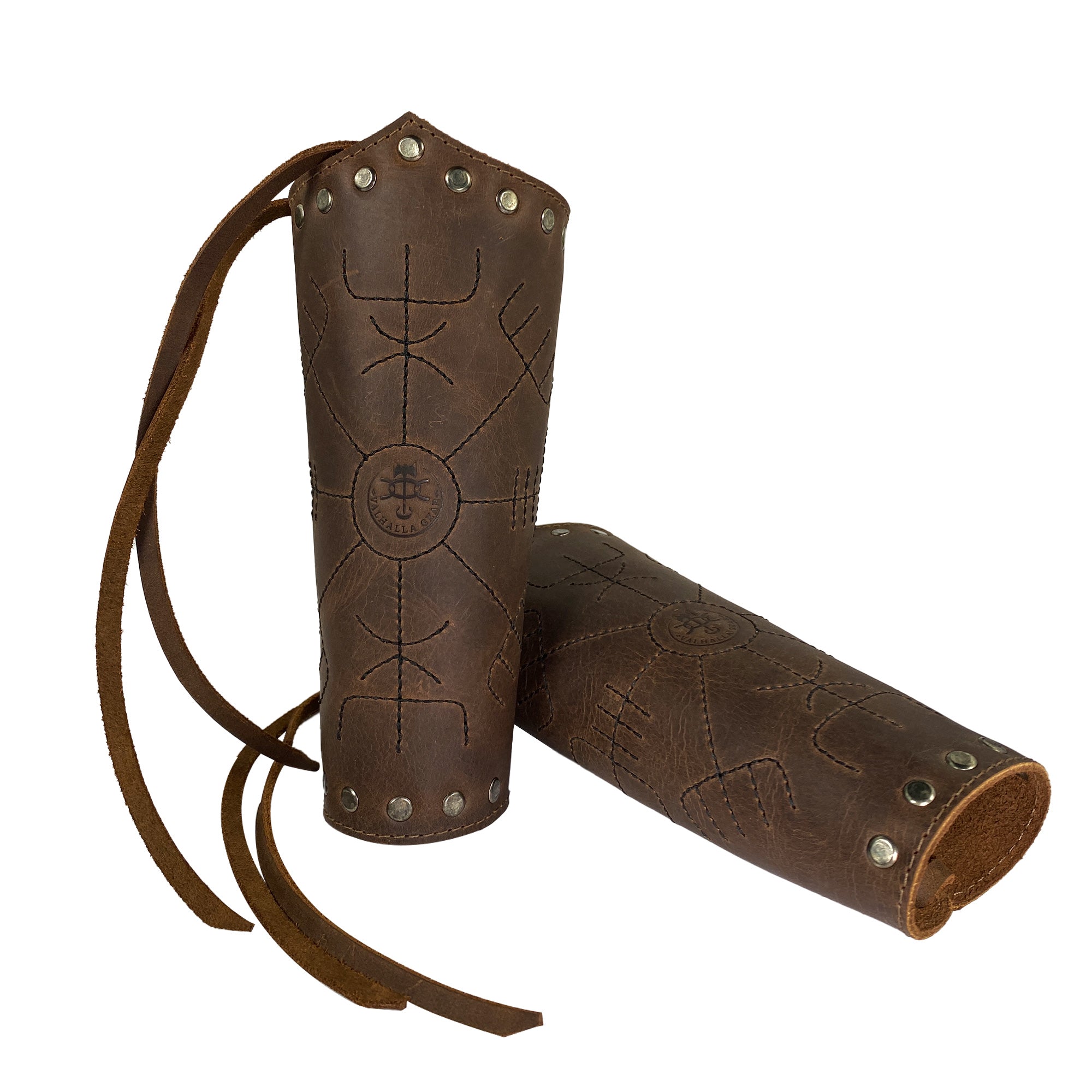 Distinctive Viking Bracers by Valhalla Gear featuring artistic designs and a sturdy finish. This Viking Bracer (2 pack) is ideal for archery and offers a medieval touch as stylish wrist guards. Handcrafted with full grain leather in La Antigua Guatemala, these durable armbands highlight the small batch production ethos of the brand.