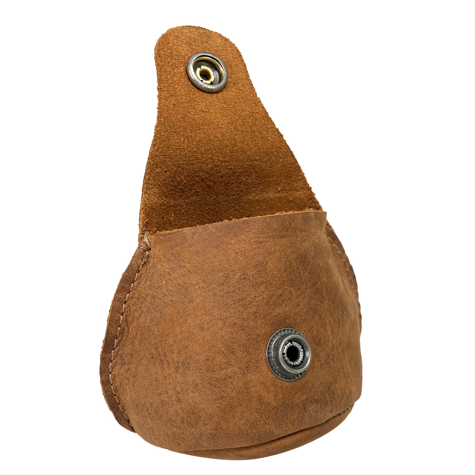 Angle view of the Simple Coin Pouch by Hide & Drink, highlighting the secure snap closure and detailed stitching of the Full Grain Leather. Functions wonderfully as an EarPods Case, SD Card Holder, and Cash Organizer, showcasing the artisan craftsmanship and small-batch production ethos of StockyardX, handmade in La Antigua Guatemala & Oaxaca Mexico.
