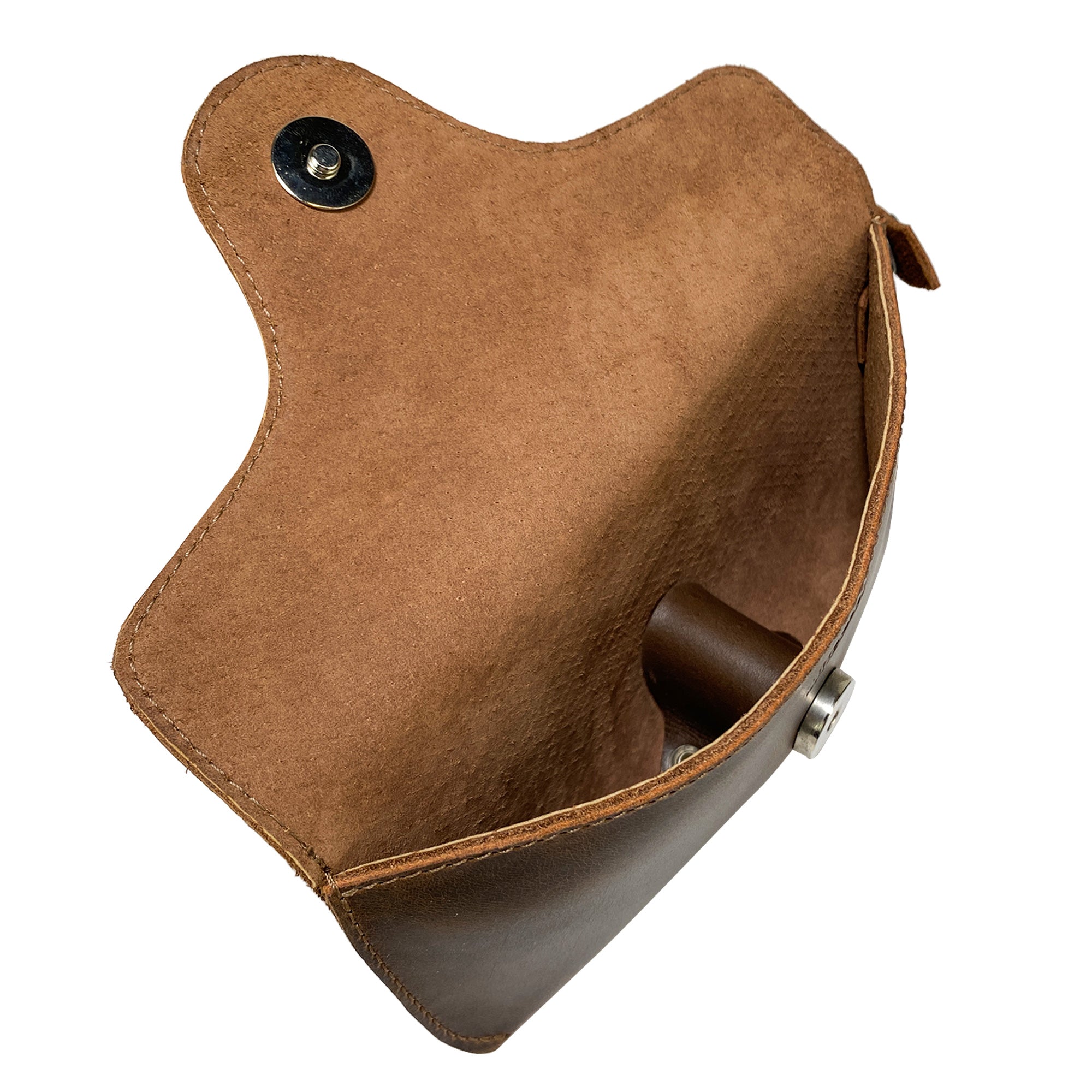 Interior view of an Eyeglasses Case with Strap from Hide & Drink, demonstrating hand sewn craftsmanship from full grain leather. Perfect as a sunglasses case and protector for eyewear, emphasizing small batch production and artisanal quality in La Antigua Guatemala & Oaxaca Mexico.