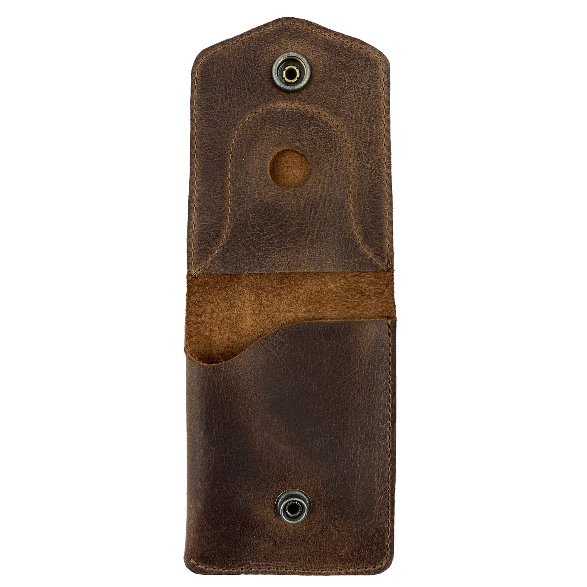Interior view of the Card Holder with AirTag Slot by LeatherTex, revealing the thoughtful design for optimal organization. This full grain leather storage case is perfect for holding cash and cards as a compact pocket organizer. Scenic artisan craftsmanship shines through in this handmade travel accessory from La Antigua Guatemala.