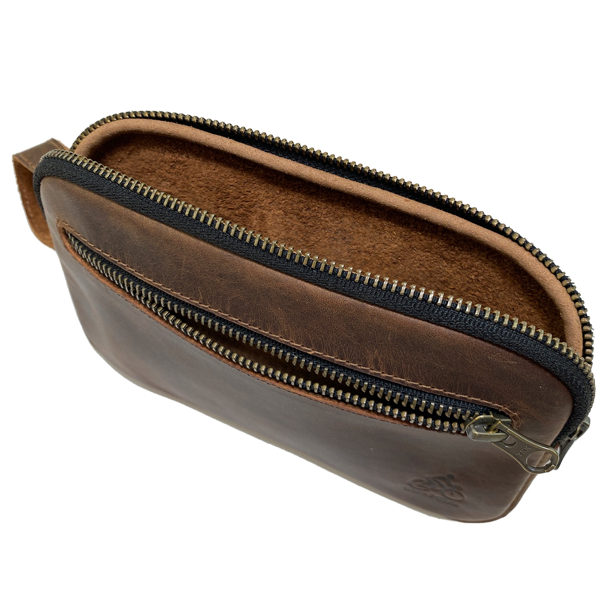 Open view of Hide & Ride Cycling Phone Bag, showcasing its spacious interior. This bag serves as a durable pouch for small tools and chargers, combining style and functionality. Made from full grain leather, it's artisanally crafted in La Antigua Guatemala.
