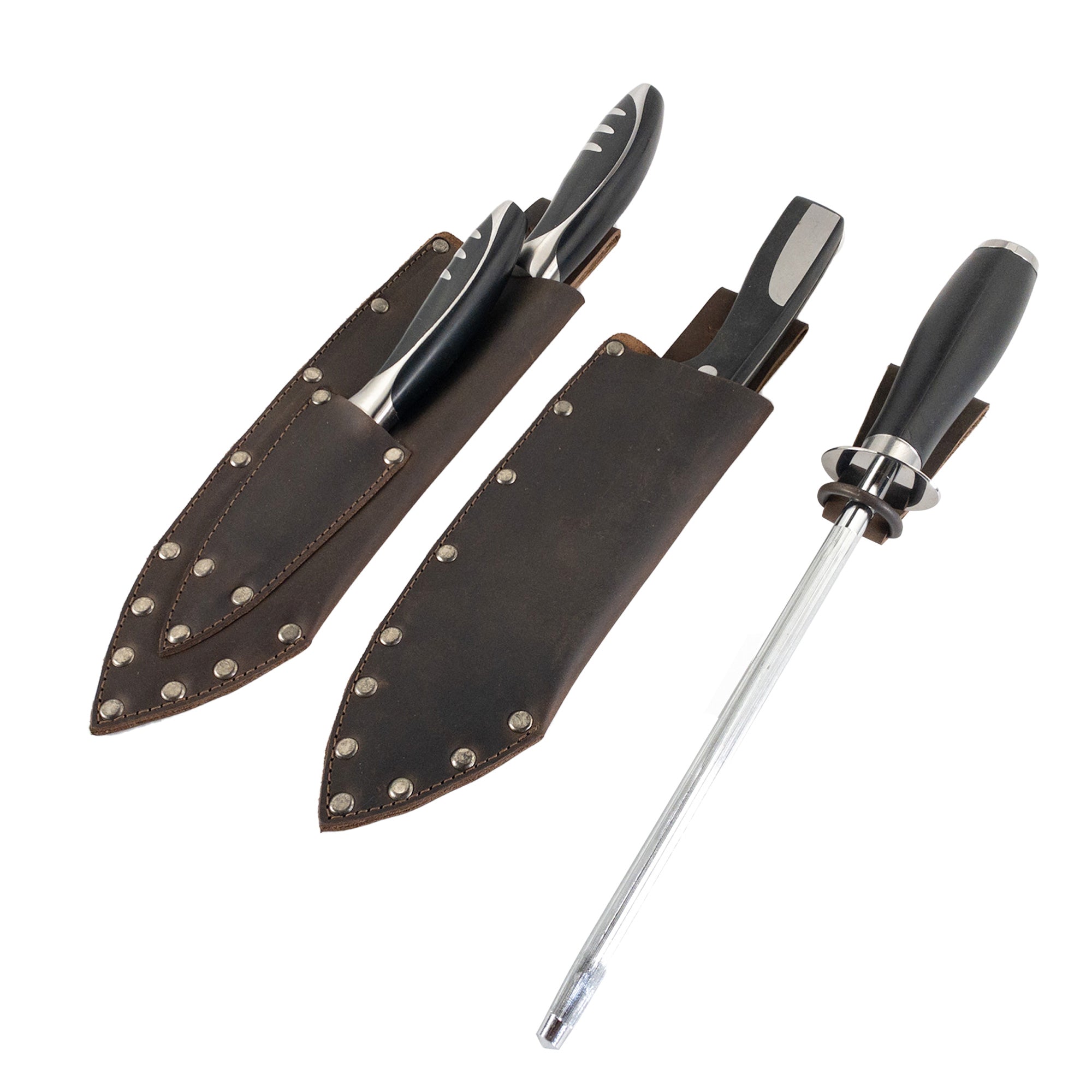 Stylish Knife Set Holder (3 Pieces) by Cast Leather Co., showcasing Full Grain Leather craftsmanship. This handmade item is an artisan creation featuring hand cut and hand sewn details, designed for those who appreciate quality materials and small batch production.